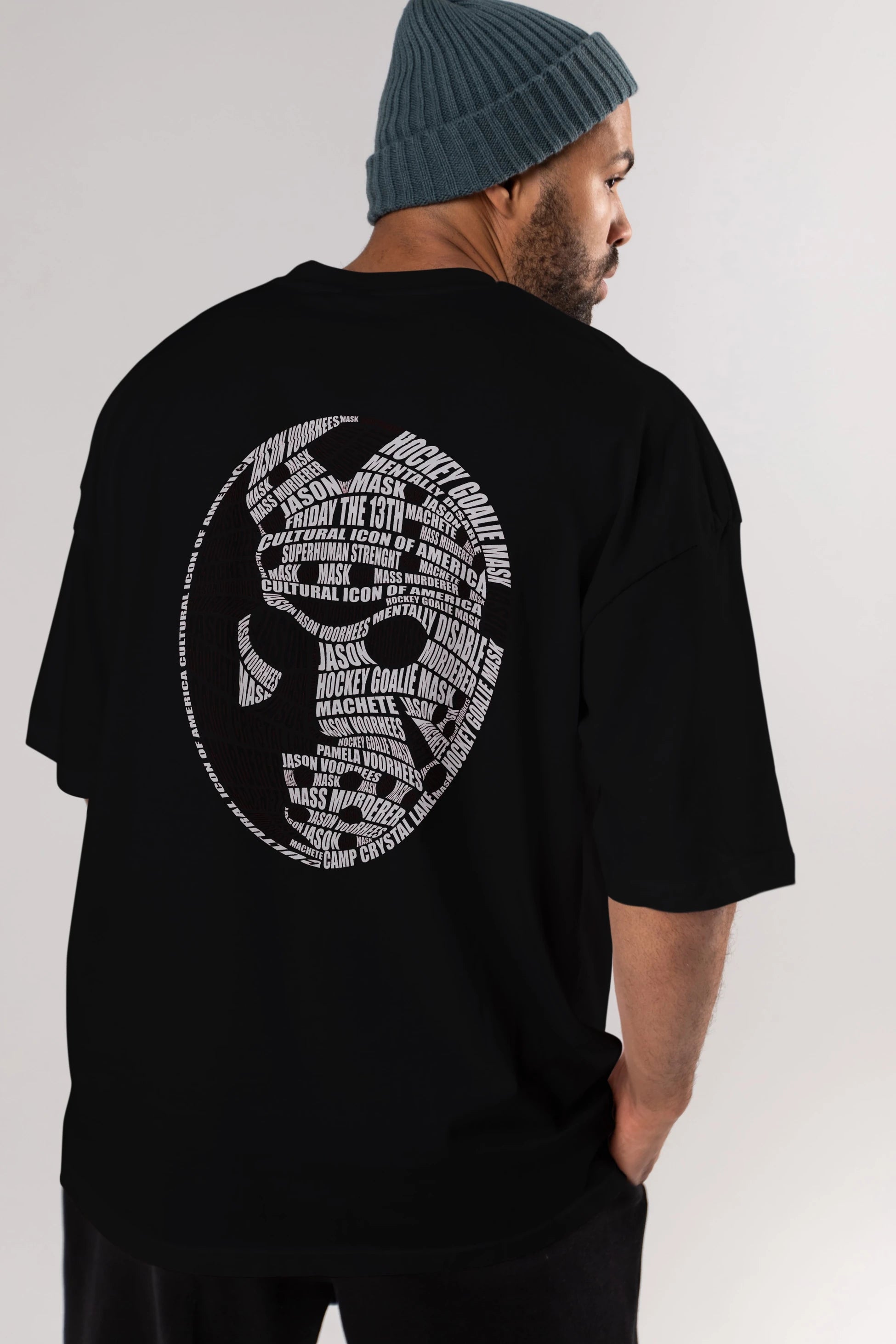Jason Voorhees Calligram Arka Baskılı Oversize t-shirt %100 pamuk Erkek Kadın Unisex