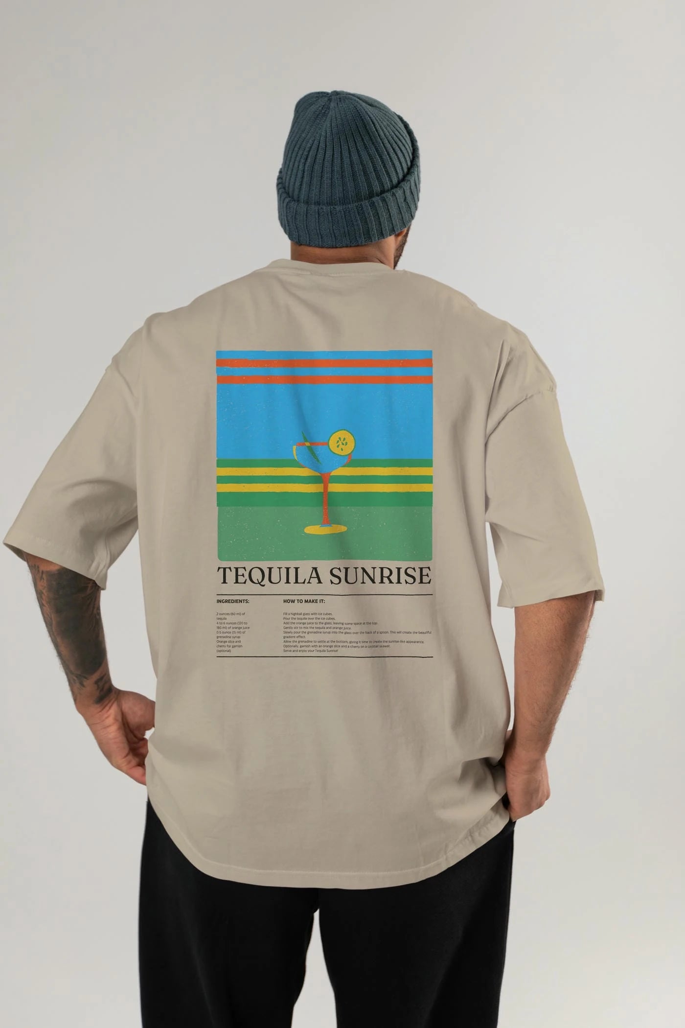 Tequila Sunrise Kokteyl Serisi Arka Baskılı Oversize t-shirt Erkek Kadın %100 Pamuk Bisiklet Yaka tişort