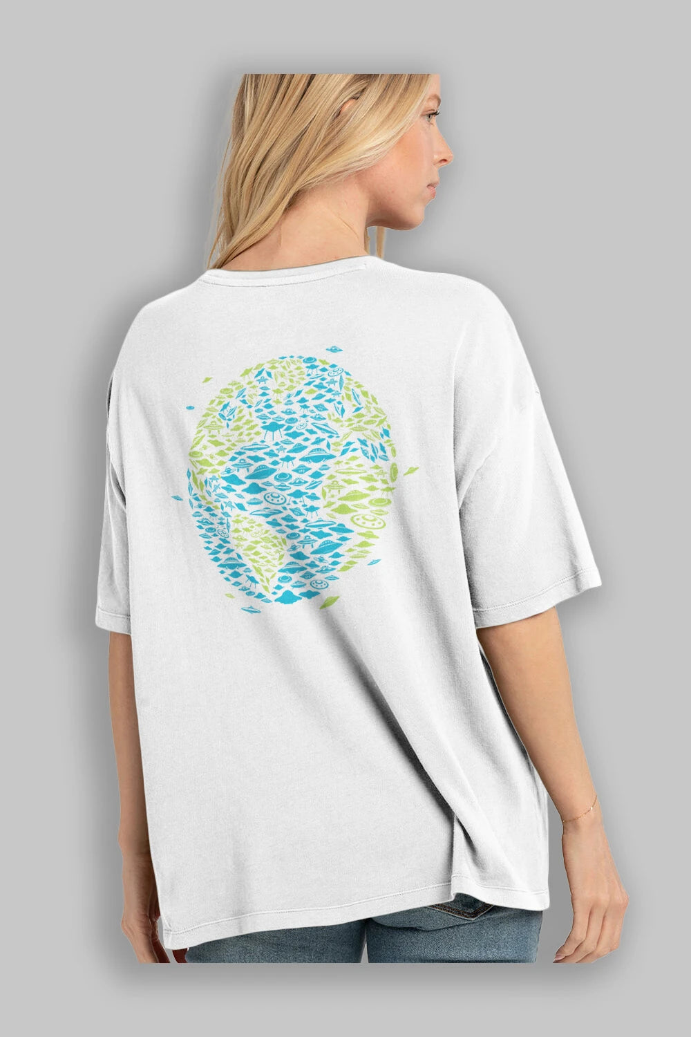 UFO Invasion Arka Baskılı Oversize t-shirt %100 pamuk Erkek Kadın Unisex