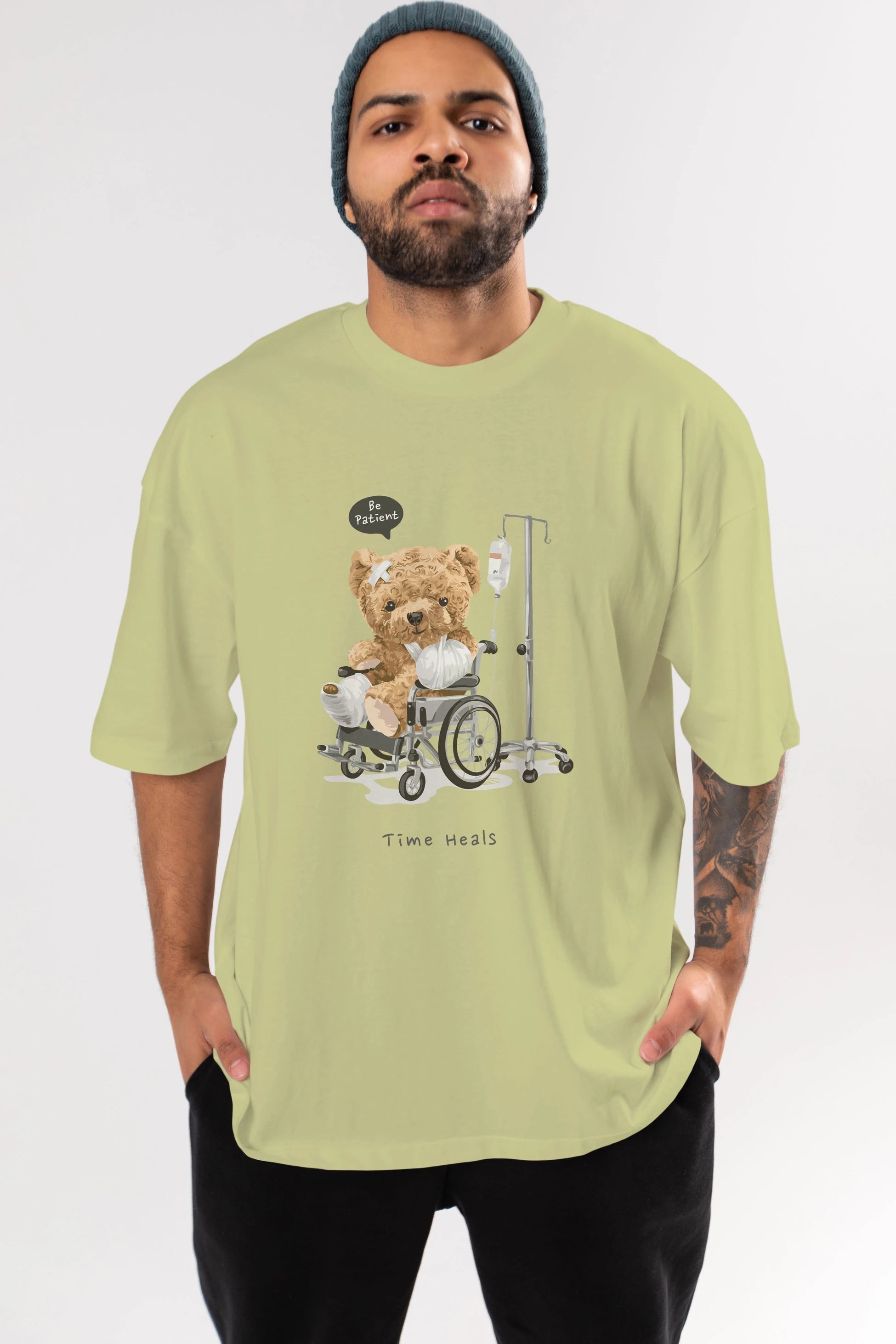 Teddy Bear Time Heals Ön Baskılı Oversize t-shirt Erkek Kadın Unisex %100 Pamuk
