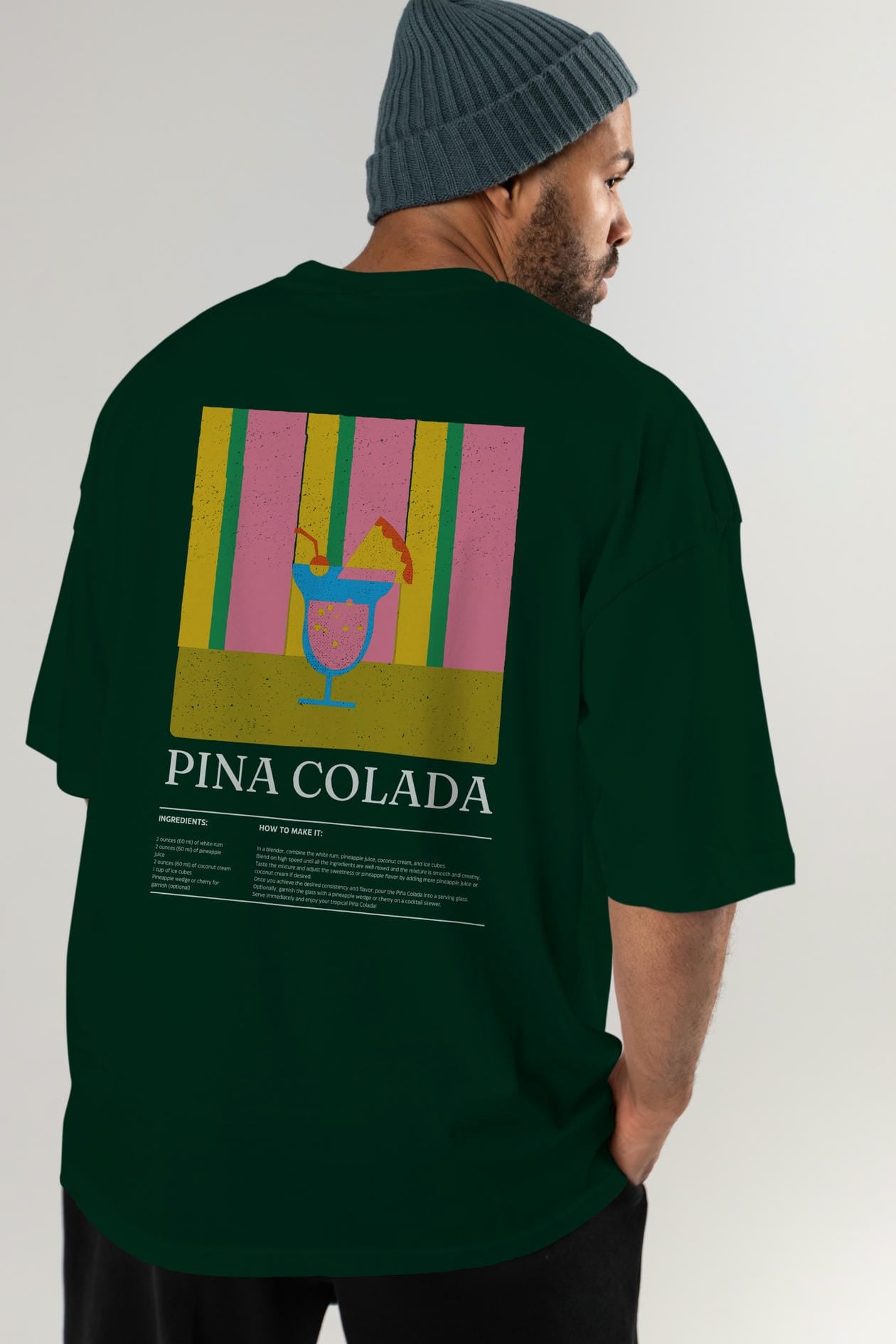 Pina Colada Kokteyl Serisi Arka Baskılı Oversize t-shirt Erkek Kadın %100 Pamuk Bisiklet Yaka tişort