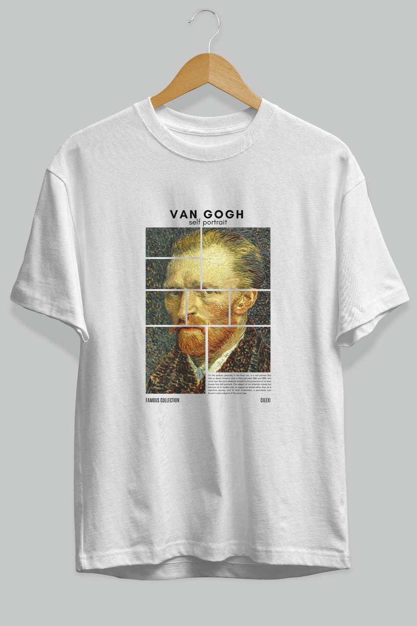 Van Gogh Self Portrait ön Baskılı Oversize t-shirt Erkek Kadın Bisiklet Yaka Pamuk tişort