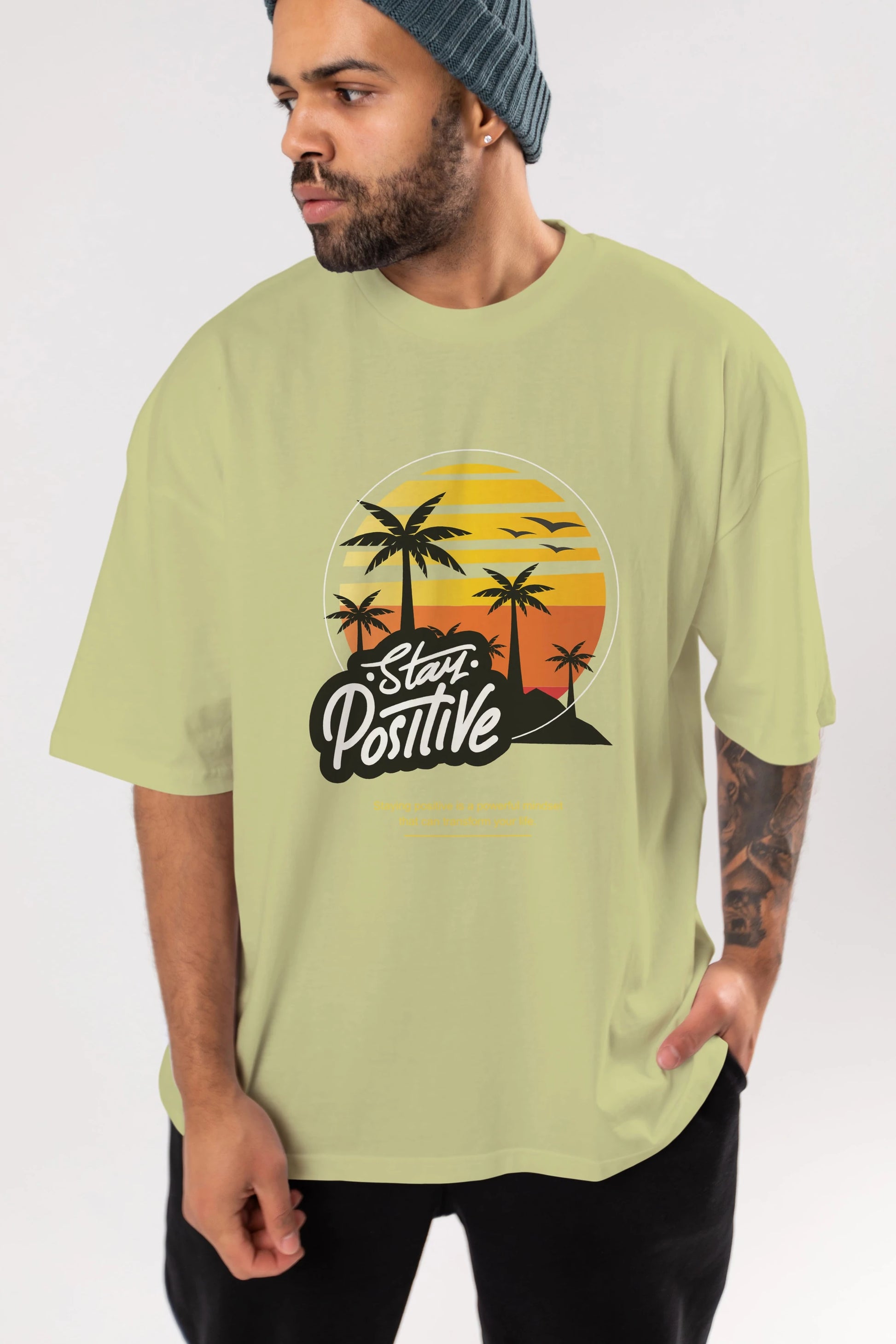 Stay Positive Yazılı Ön Baskılı Oversize t-shirt Erkek Kadın Unisex