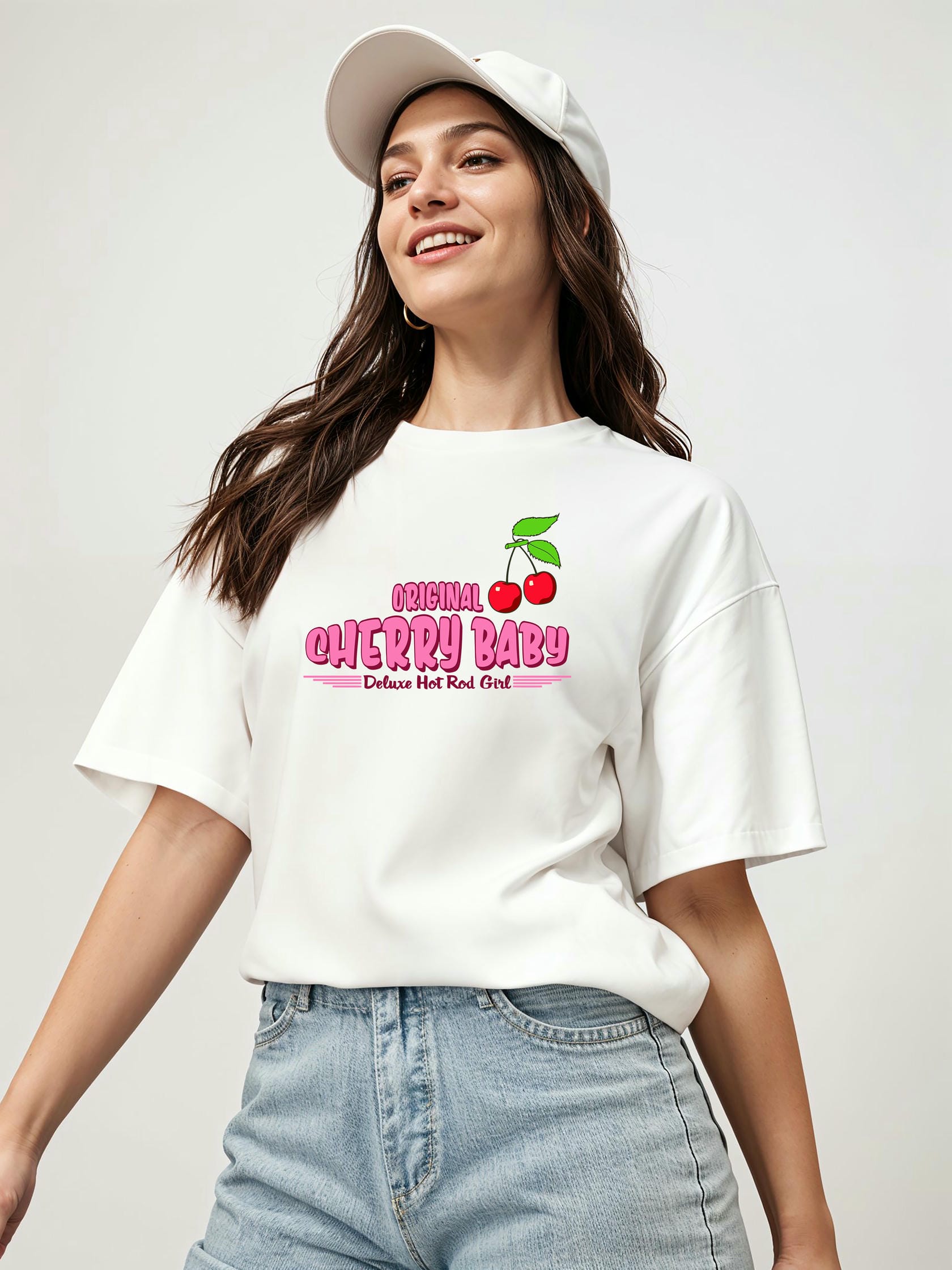 Cherry Baby Ön Baskılı Oversize t-shirt Erkek Kadın Pamuk Bisiklet Yaka tişort