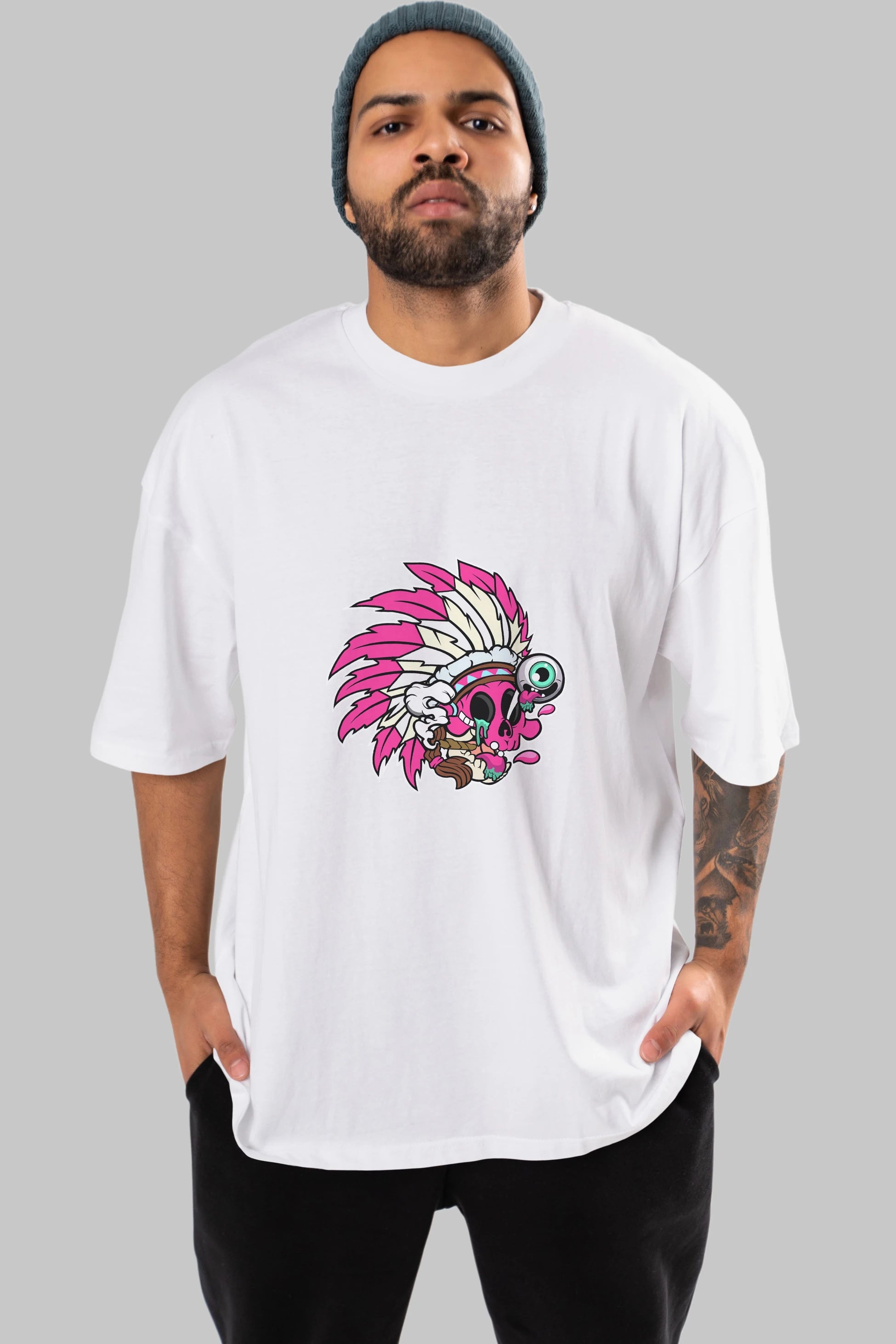 Skull Indian Ön Baskılı Oversize t-shirt Erkek Kadın Unisex %100 Pamuk tişort