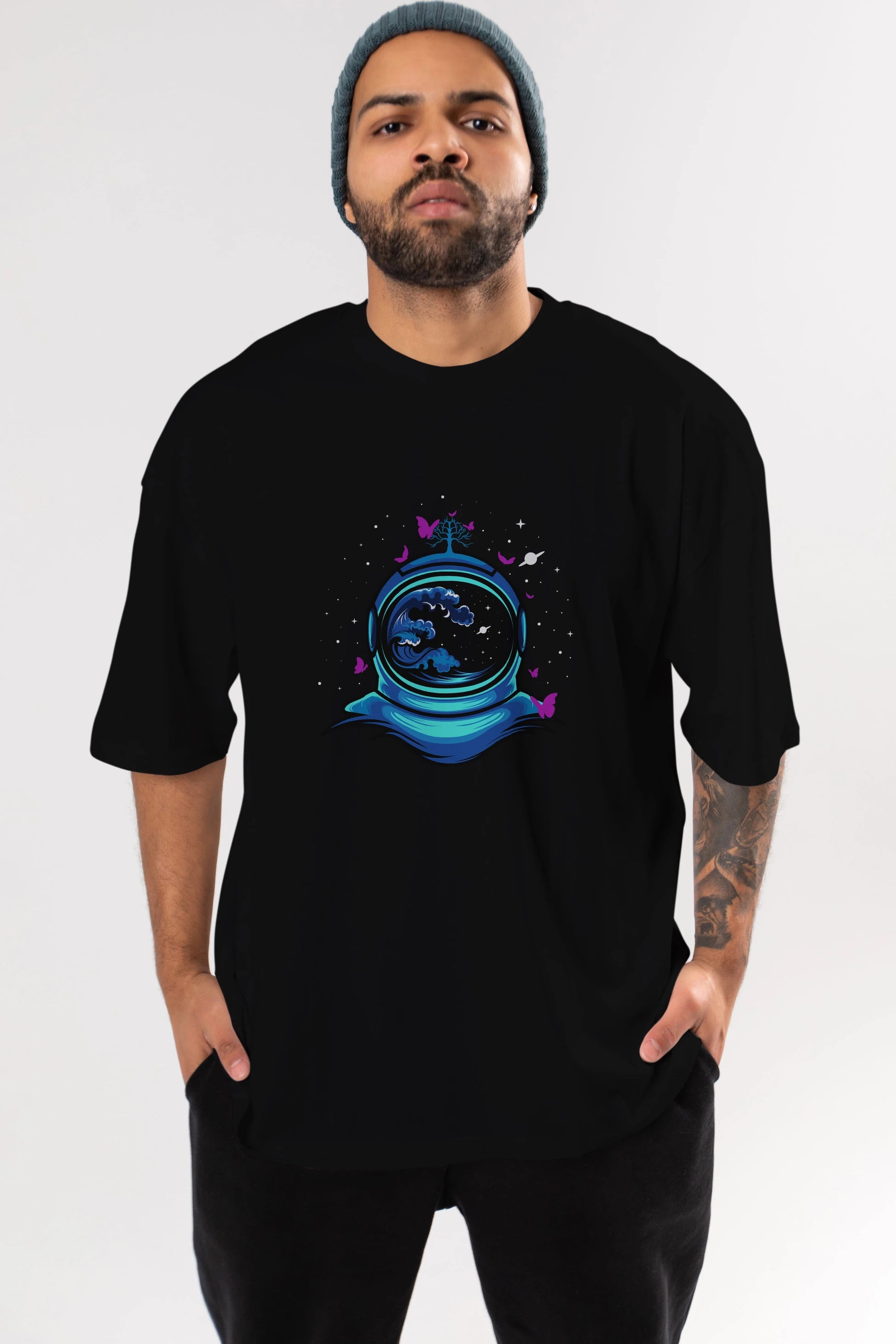 Astronaut and Butterfly Ön Baskılı Oversize t-shirt Erkek Kadın Unisex