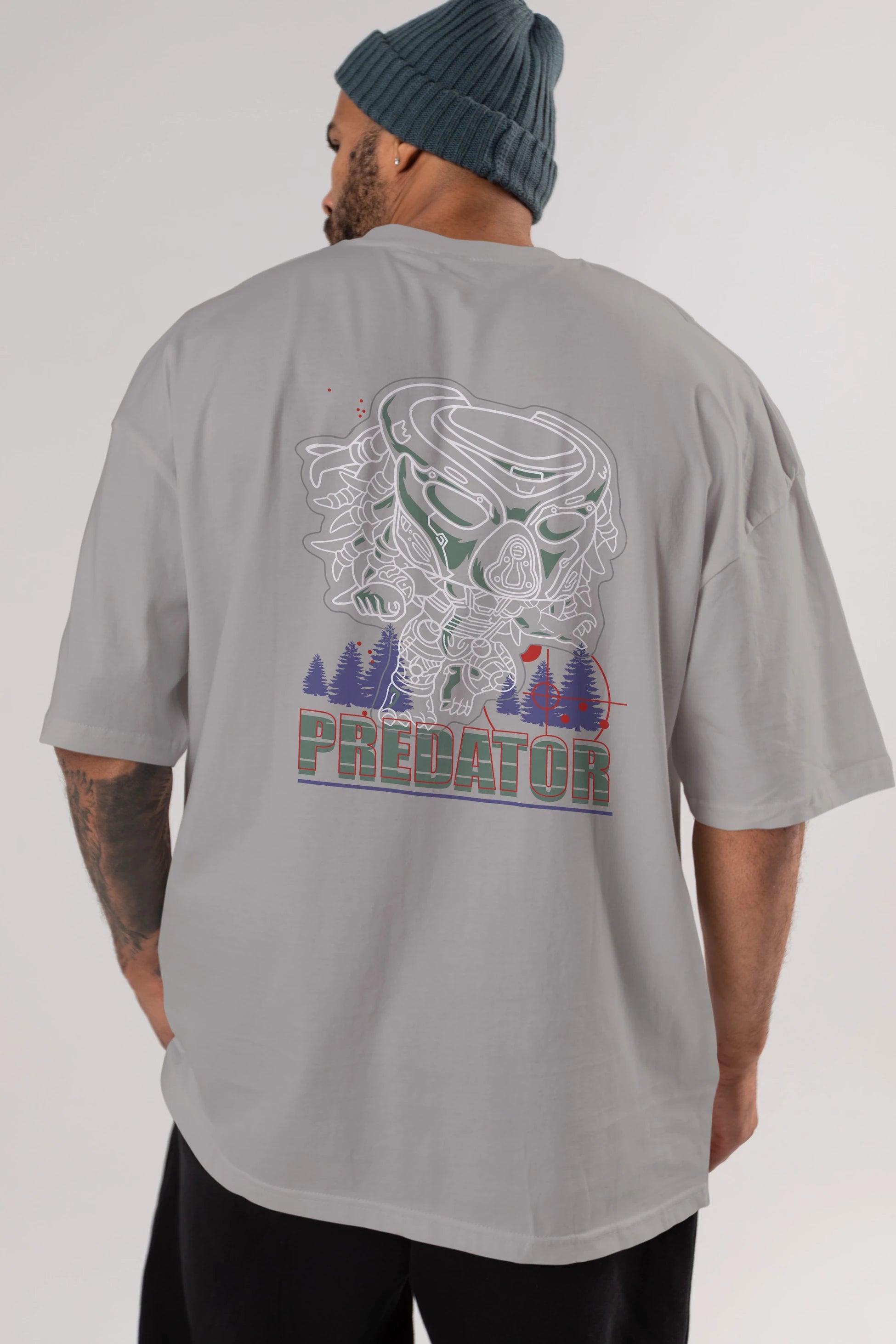Predator Arka Baskılı Oversize t-shirt Erkek Kadın Unisex %100 Pamuk Bisiklet Yaka tişort