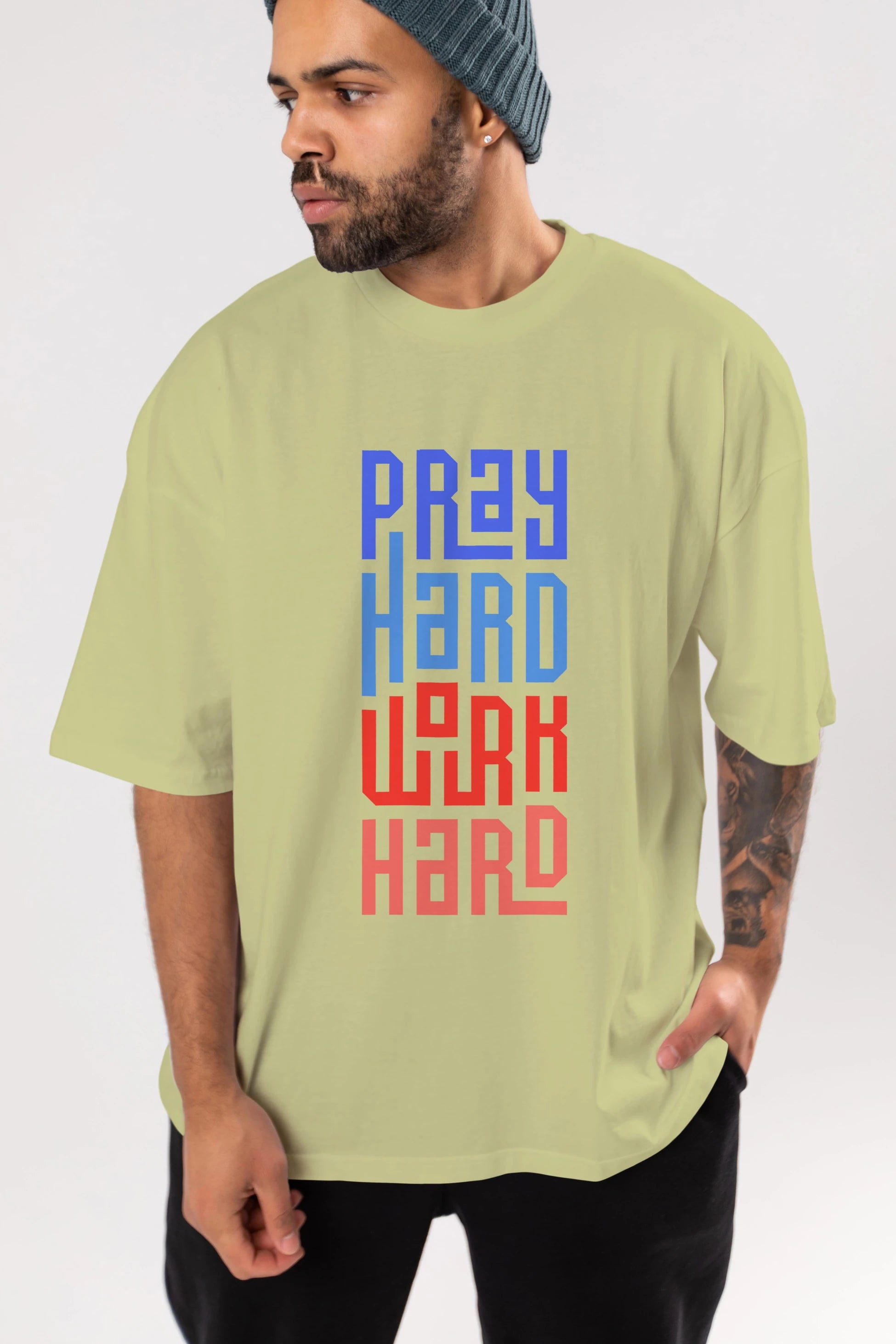 Pray Hard Work Hard Yazılı Ön Baskılı Oversize t-shirt Erkek Kadın Unisex