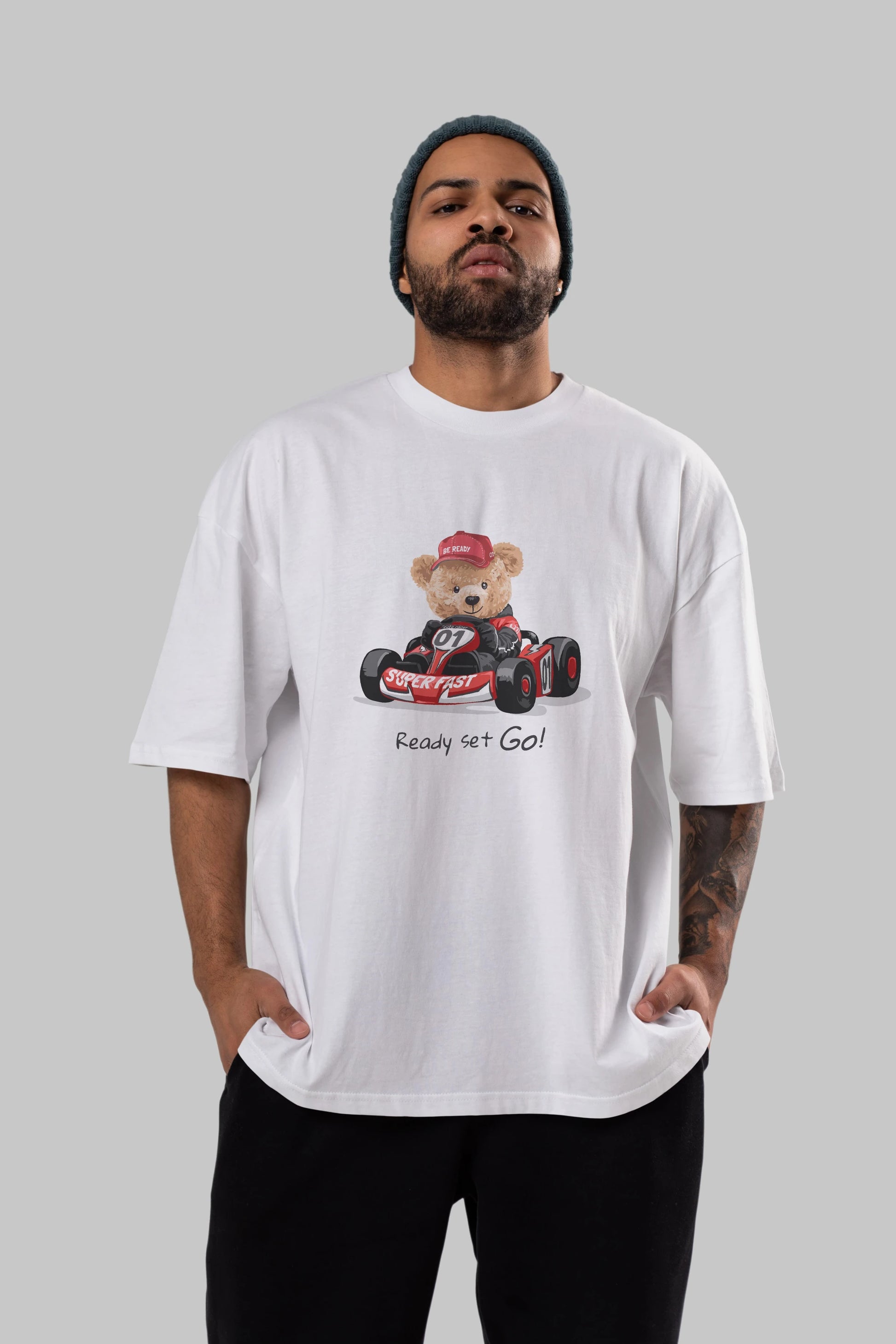 Teddy Bear Ready Set Go Ön Baskılı Oversize t-shirt Erkek Kadın Unisex %100 Pamuk