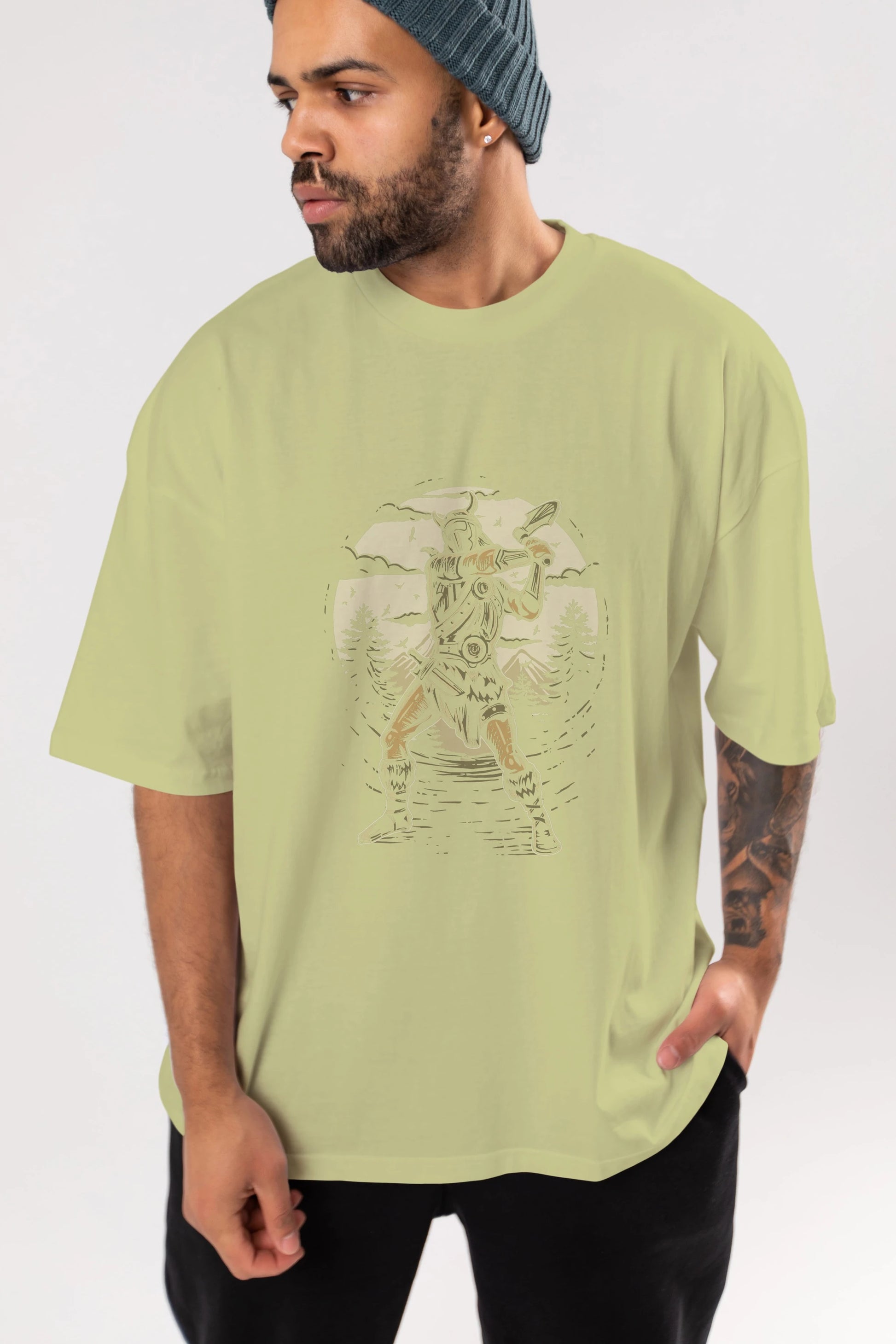 Viking Ön Baskılı Oversize t-shirt Erkek Kadın Unisex %100 Pamuk tişort