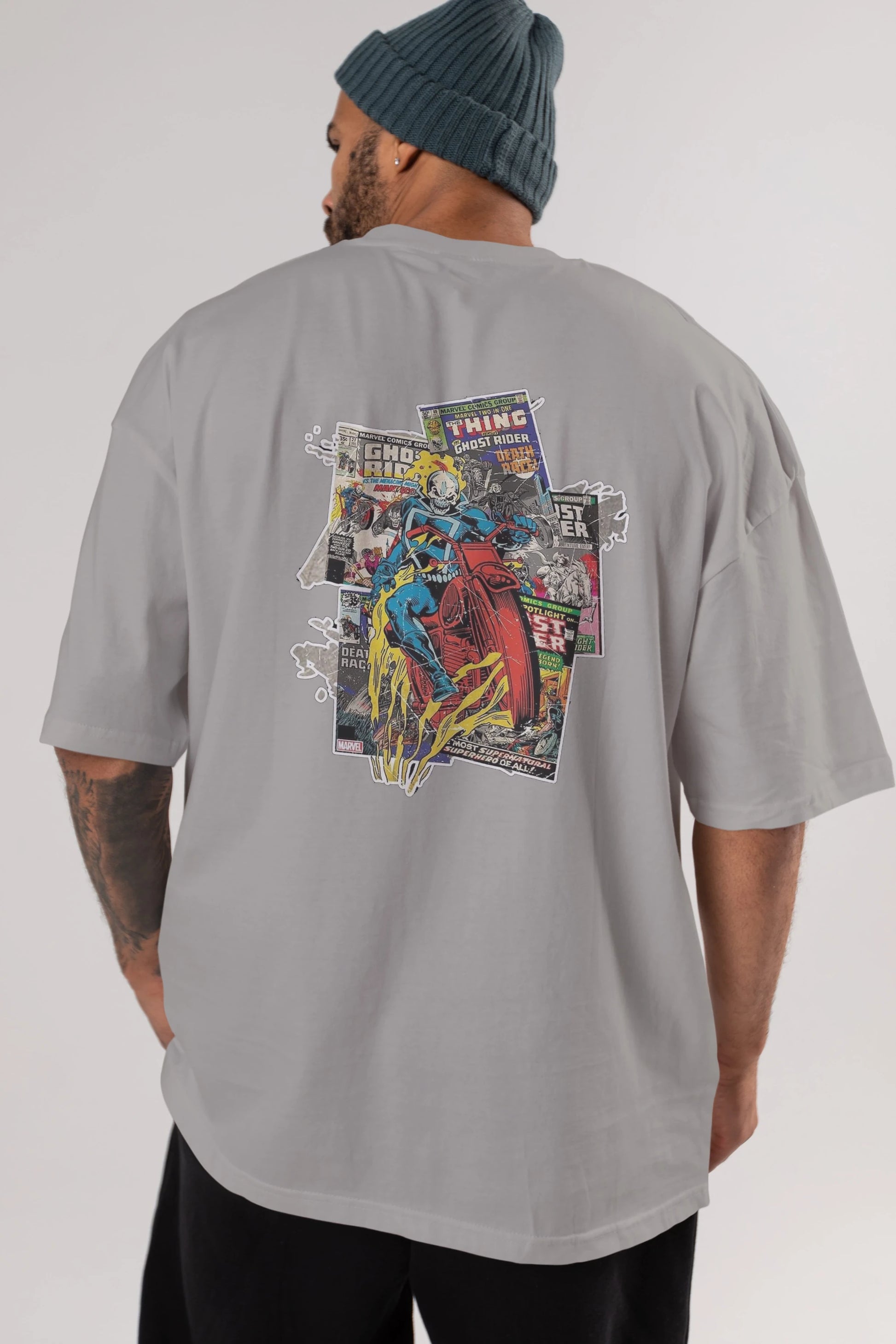 Ghost Rider Arka Baskılı Oversize t-shirt Erkek Kadın Unisex %100 Pamuk Bisiklet Yaka tişort