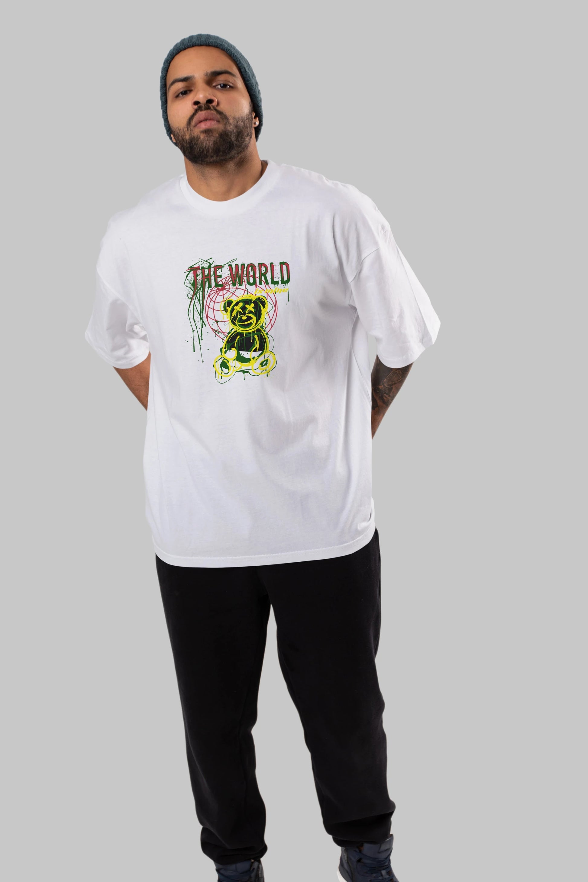 The World is Mine Bear Ön Baskılı Oversize t-shirt Erkek Kadın Unisex