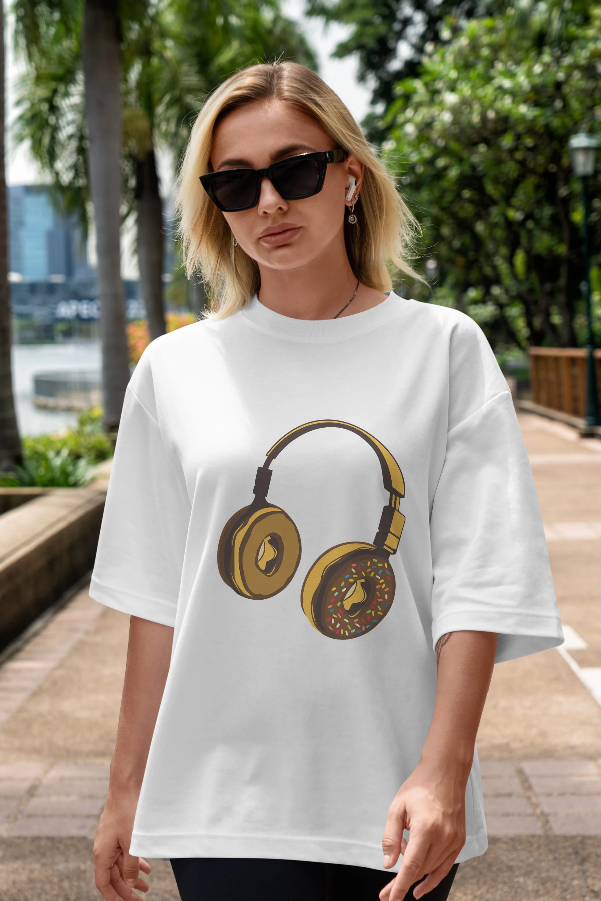 Headphone Donut Ön Baskılı Oversize t-shirt %100 pamuk Erkek Kadın Unisex