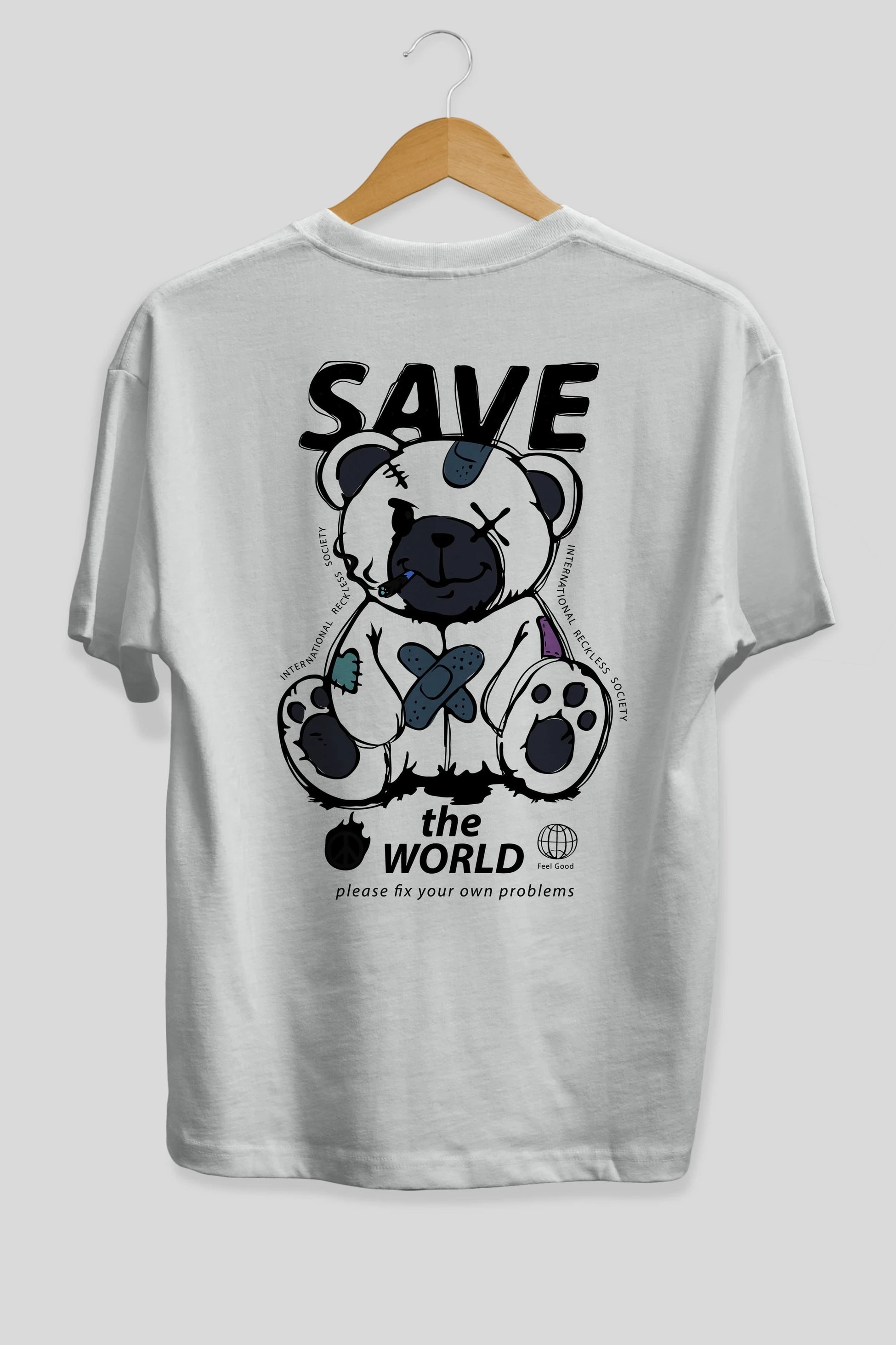 Save the World Bear Arka Baskılı Oversize t-shirt Erkek Kadın Unisex