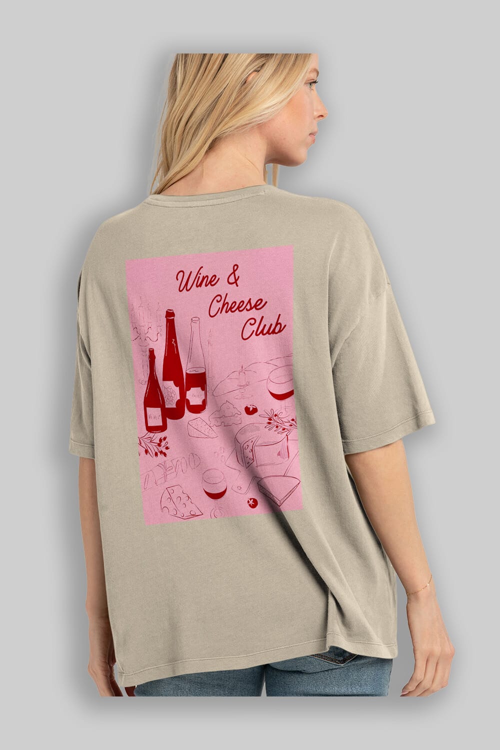 Wine Cheese Club Arka Baskılı Oversize t-shirt Erkek Kadın Unisex %100 Pamuk Bisiklet Yaka tişort