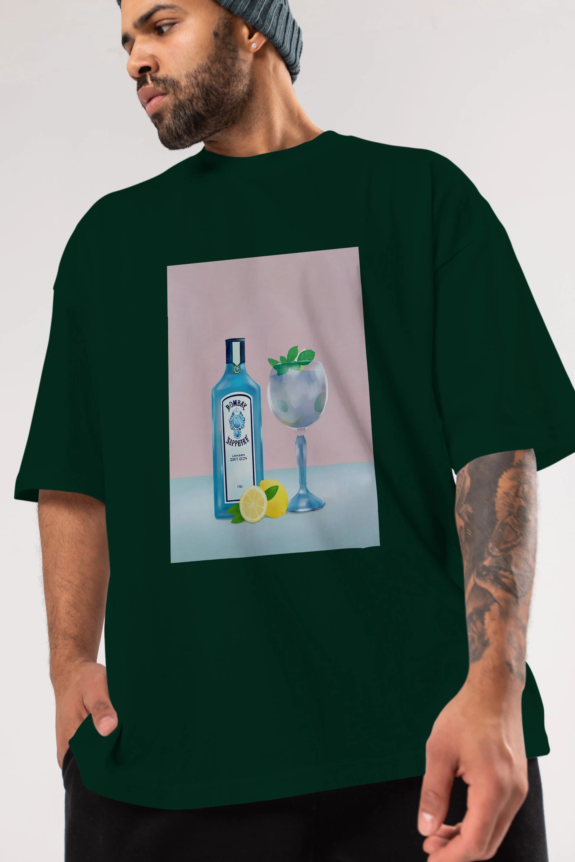 Bombay Sapphire Dry Gin Ön Baskılı Oversize t-shirt Erkek Kadın Unisex %100 Pamuk Bisiklet Yaka tişort