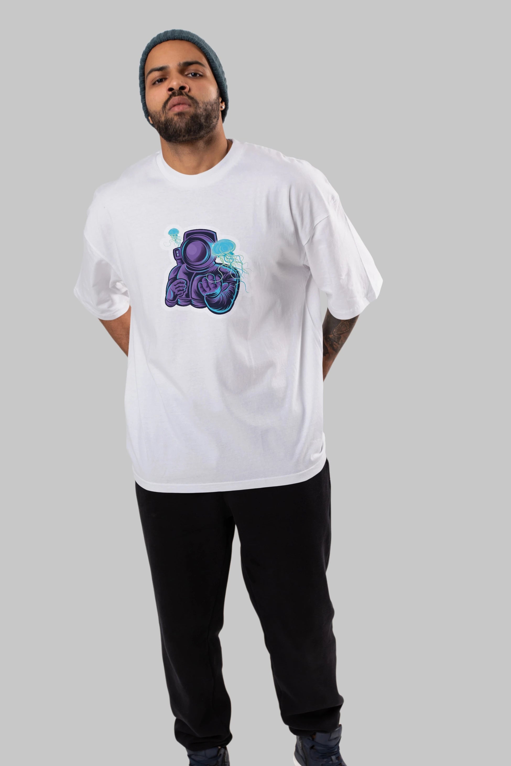 Astronaut and Jellyfish Sticker Ön Baskılı Oversize t-shirt Erkek Kadın Unisex
