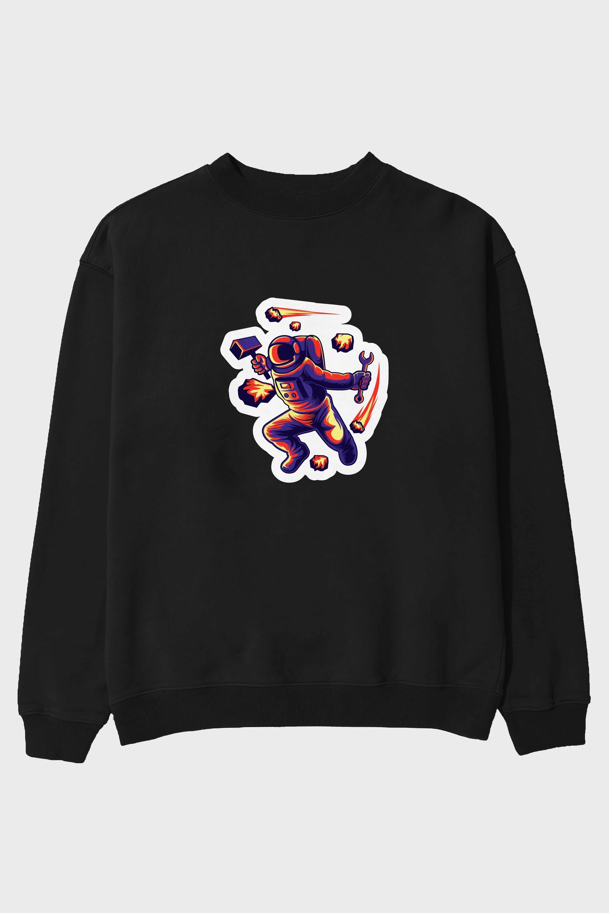 Astronaut Block Meteor Sticker Ön Baskılı Oversize Sweatshirt Erkek Kadın Unisex