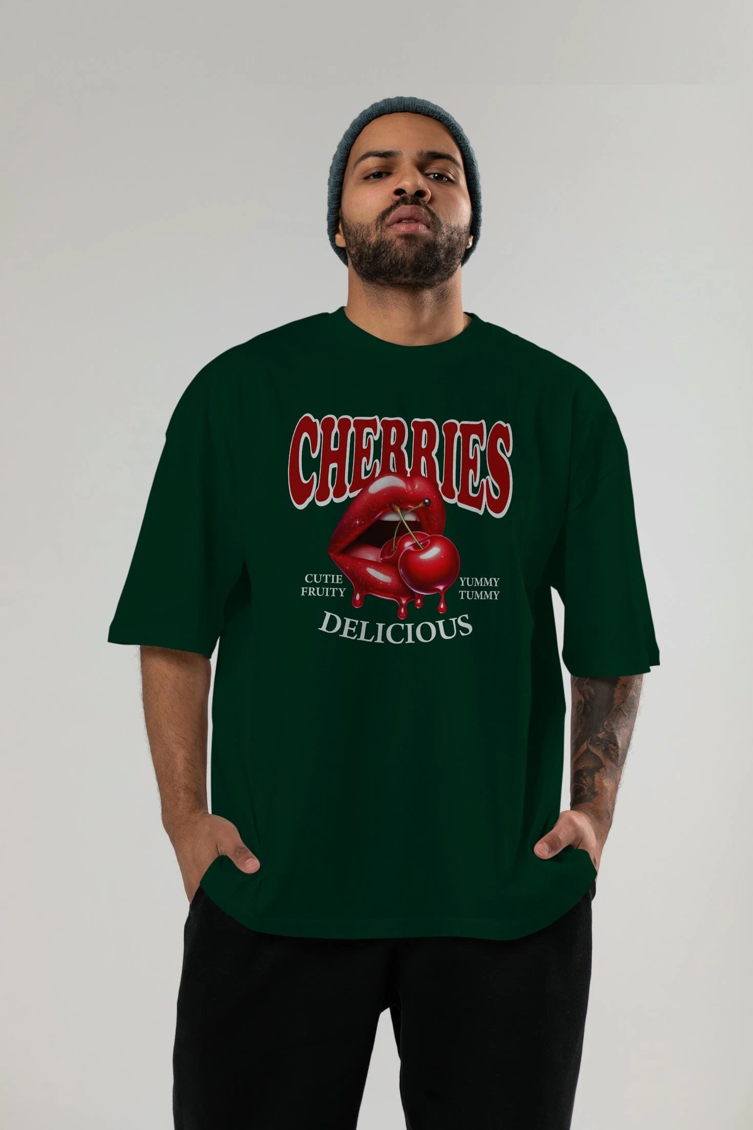 Cherry Cherries 2 Ön Baskılı Oversize t-shirt Erkek Kadın Pamuk Bisiklet Yaka tişort