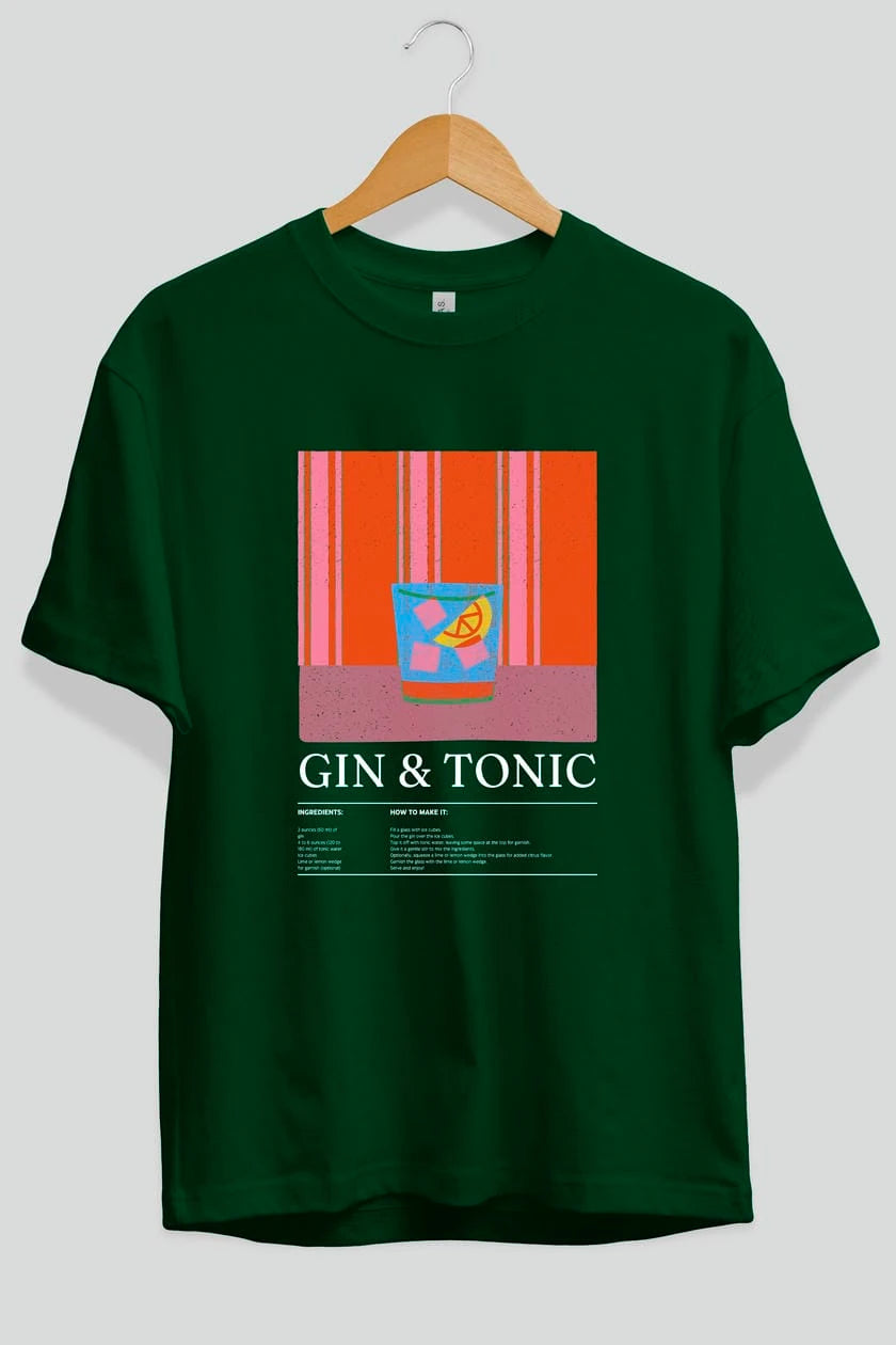 Gin tonic Kokteyl Ön Baskılı Oversize t-shirt Erkek Kadın %100 Pamuk Bisiklet Yaka tişort