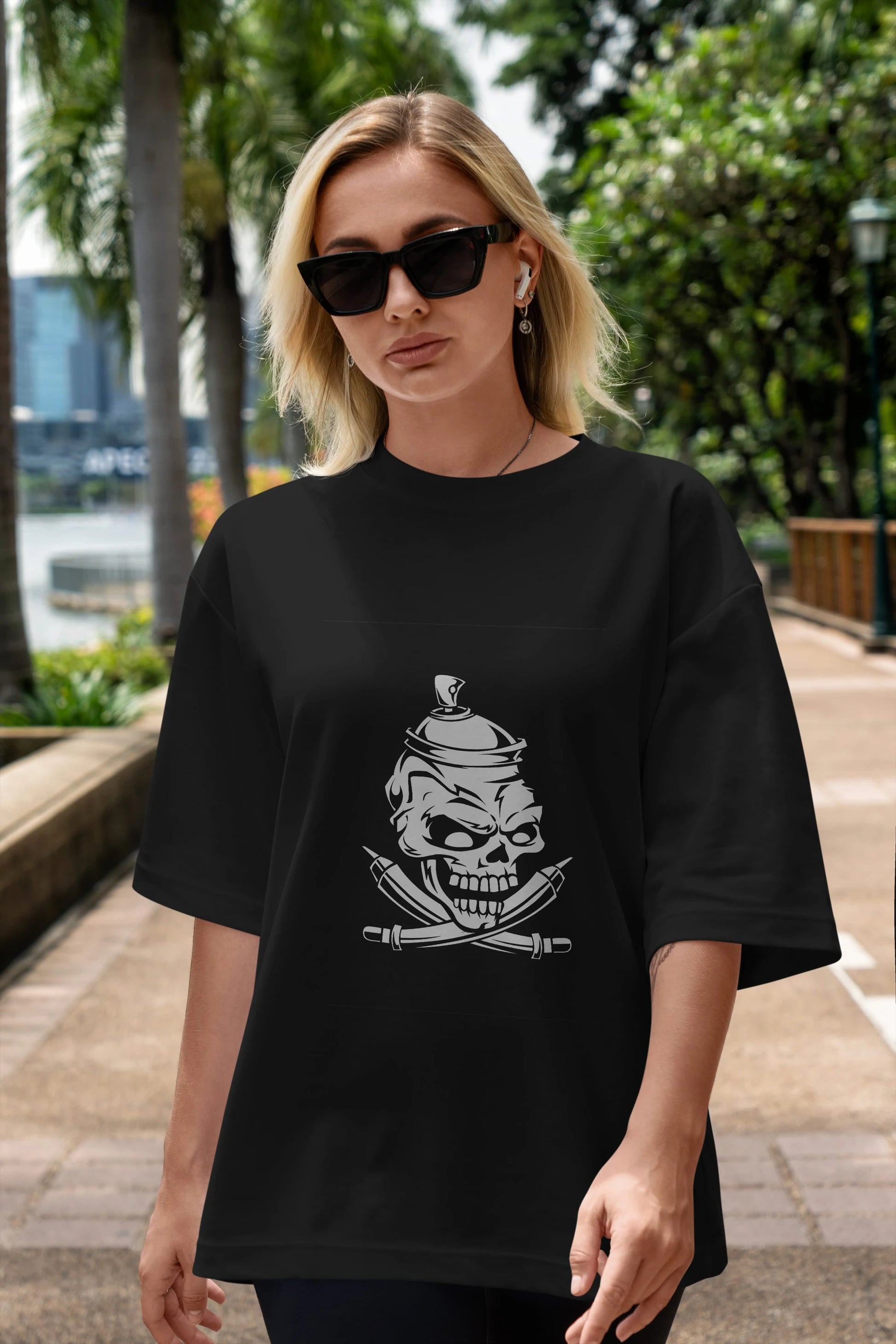 Skull Grafity Ön Baskılı Oversize t-shirt Erkek Kadın Unisex %100 Pamuk tişort