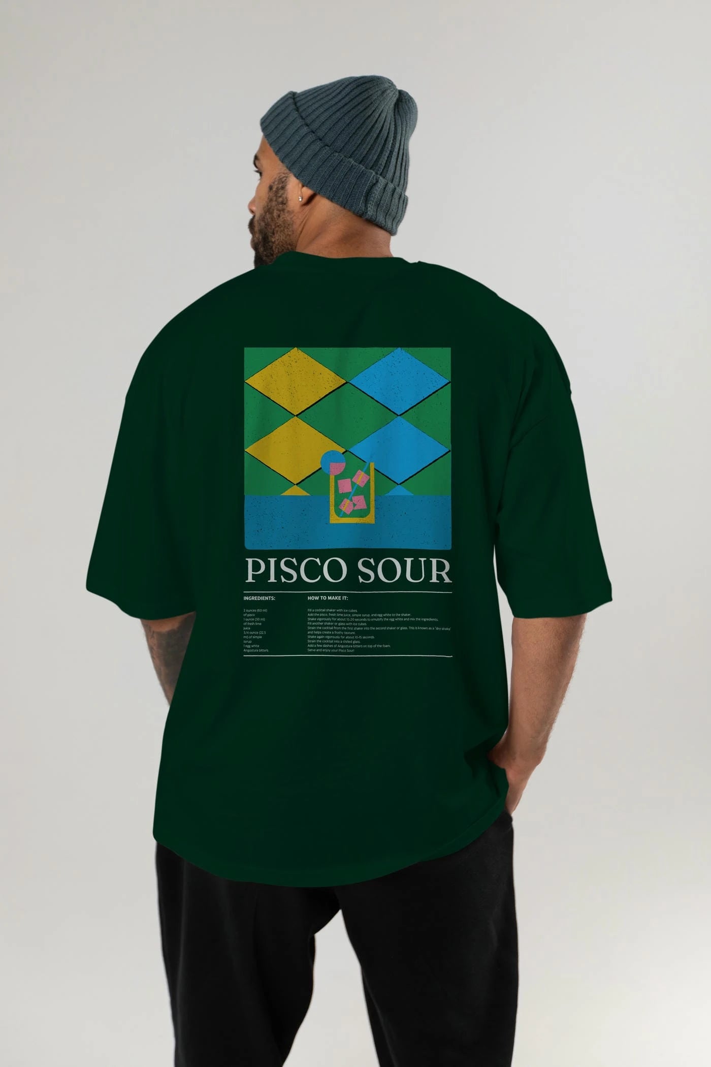 Pisco Sour Kokteyl Serisi Arka Baskılı Oversize t-shirt Erkek Kadın %100 Pamuk Bisiklet Yaka tişort
