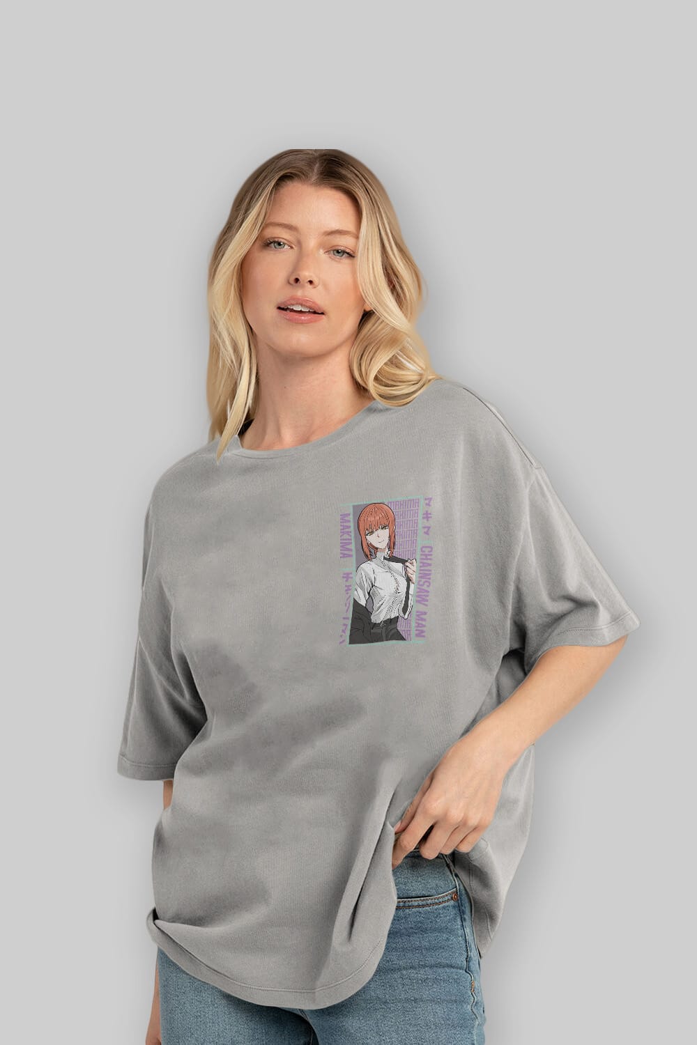 Makima Chain Saw Man Ön Sol Baskılı Oversize t-shirt Erkek Kadın Unisex %100 Pamuk Bisiklet Yaka tişort