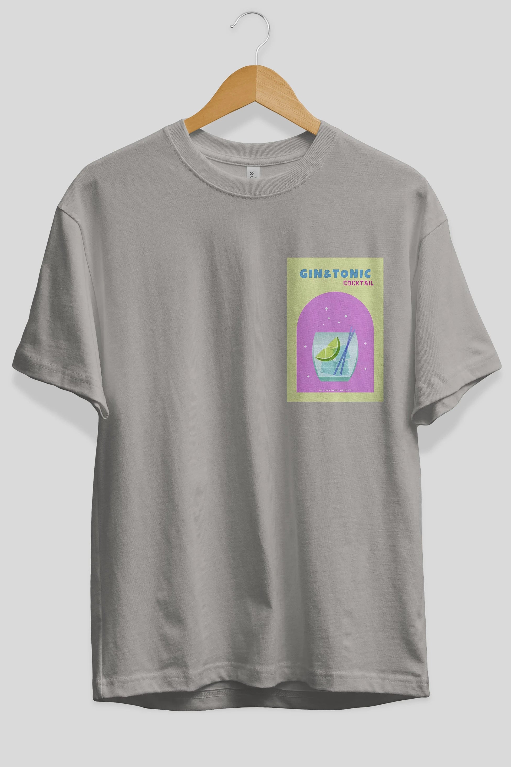 Gin Tonic Cocktail Ön Sol Baskılı Oversize t-shirt Erkek Kadın Unisex %100 Pamuk Bisiklet Yaka tişort