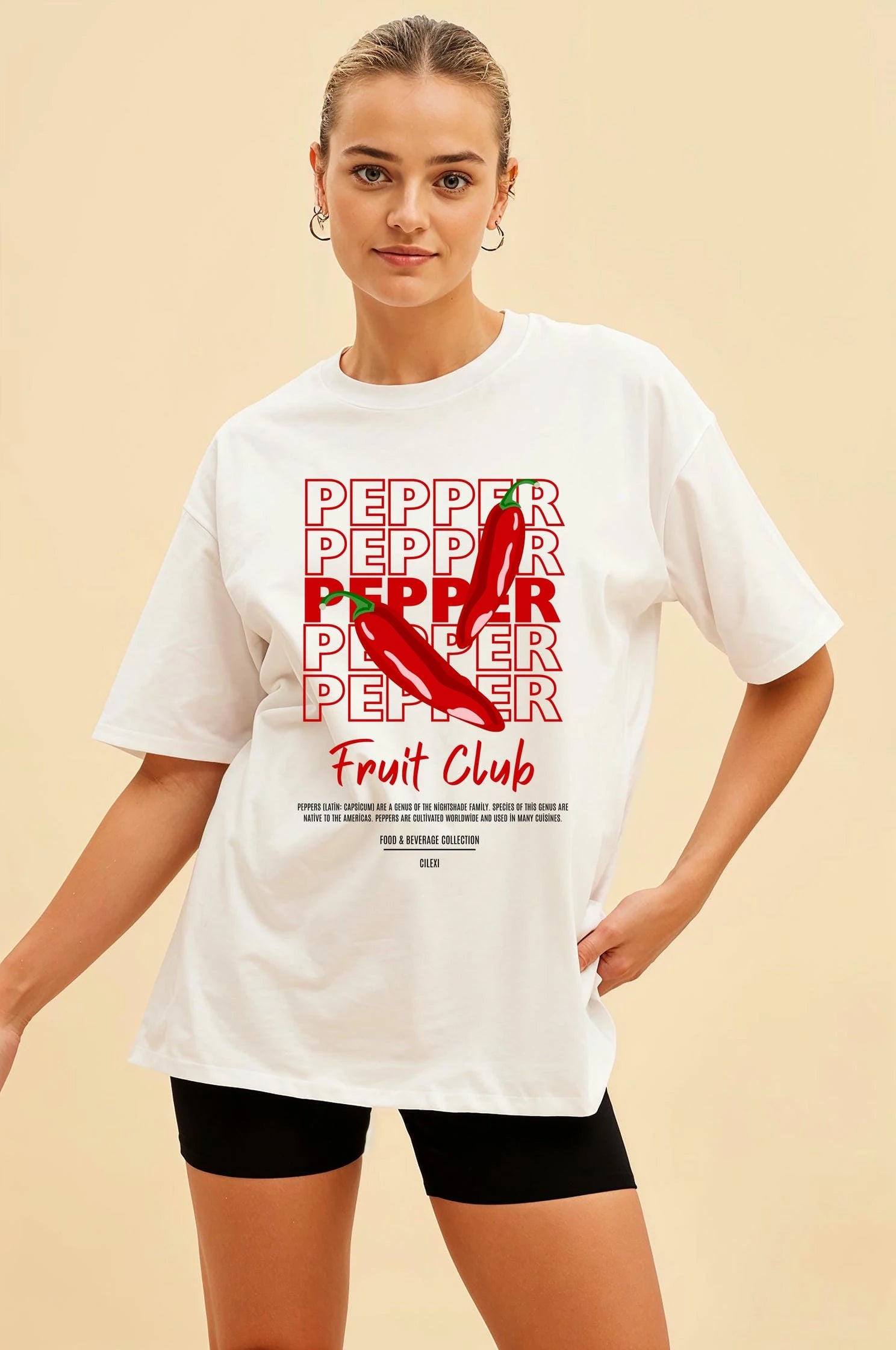 Pepper Ön Baskılı Oversize t-shirt Erkek Kadın Pamuk Bisiklet Yaka tişort