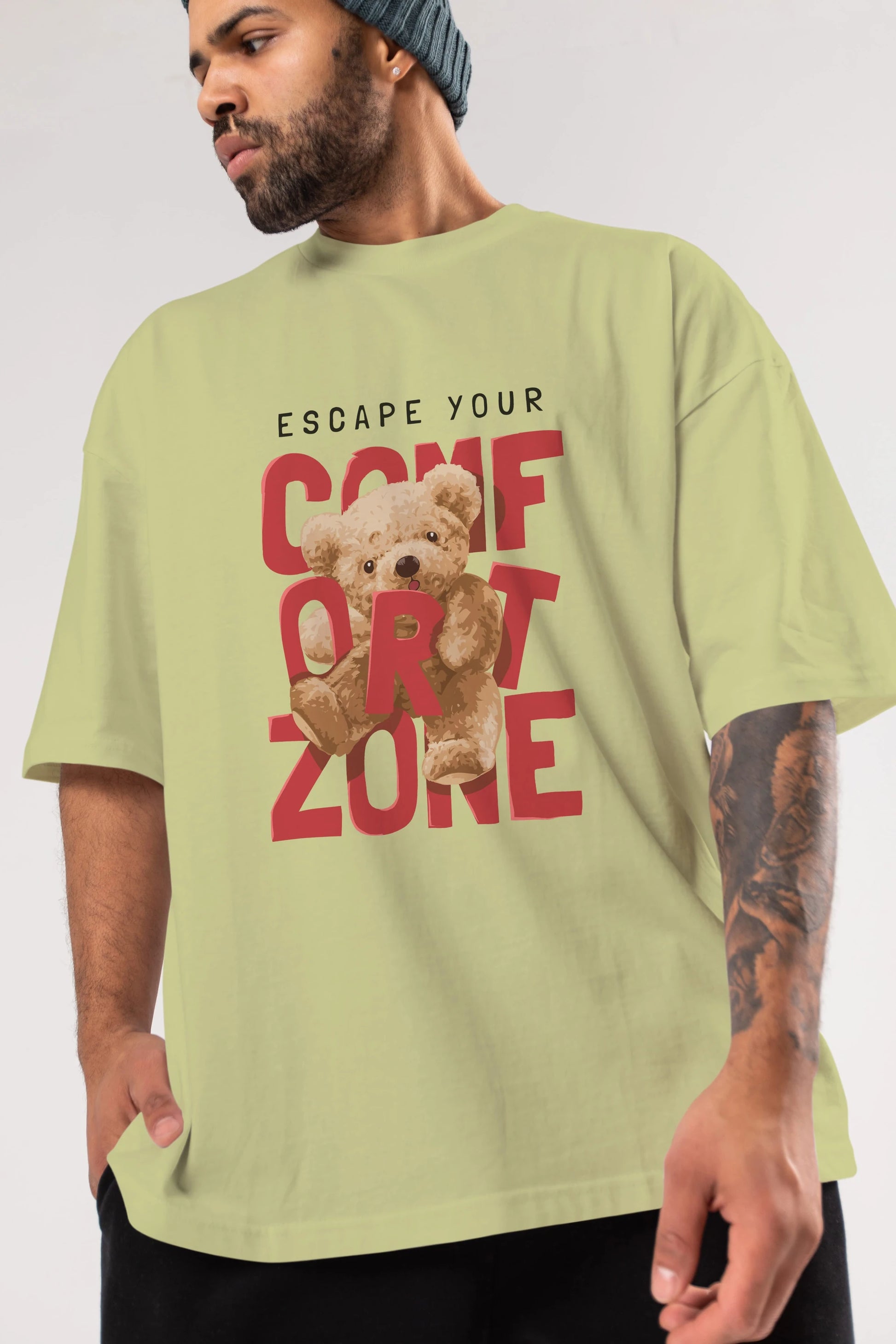 Teddy Bear Escape Comfort Zone Ön Baskılı Oversize t-shirt Erkek Kadın Unisex %100 Pamuk