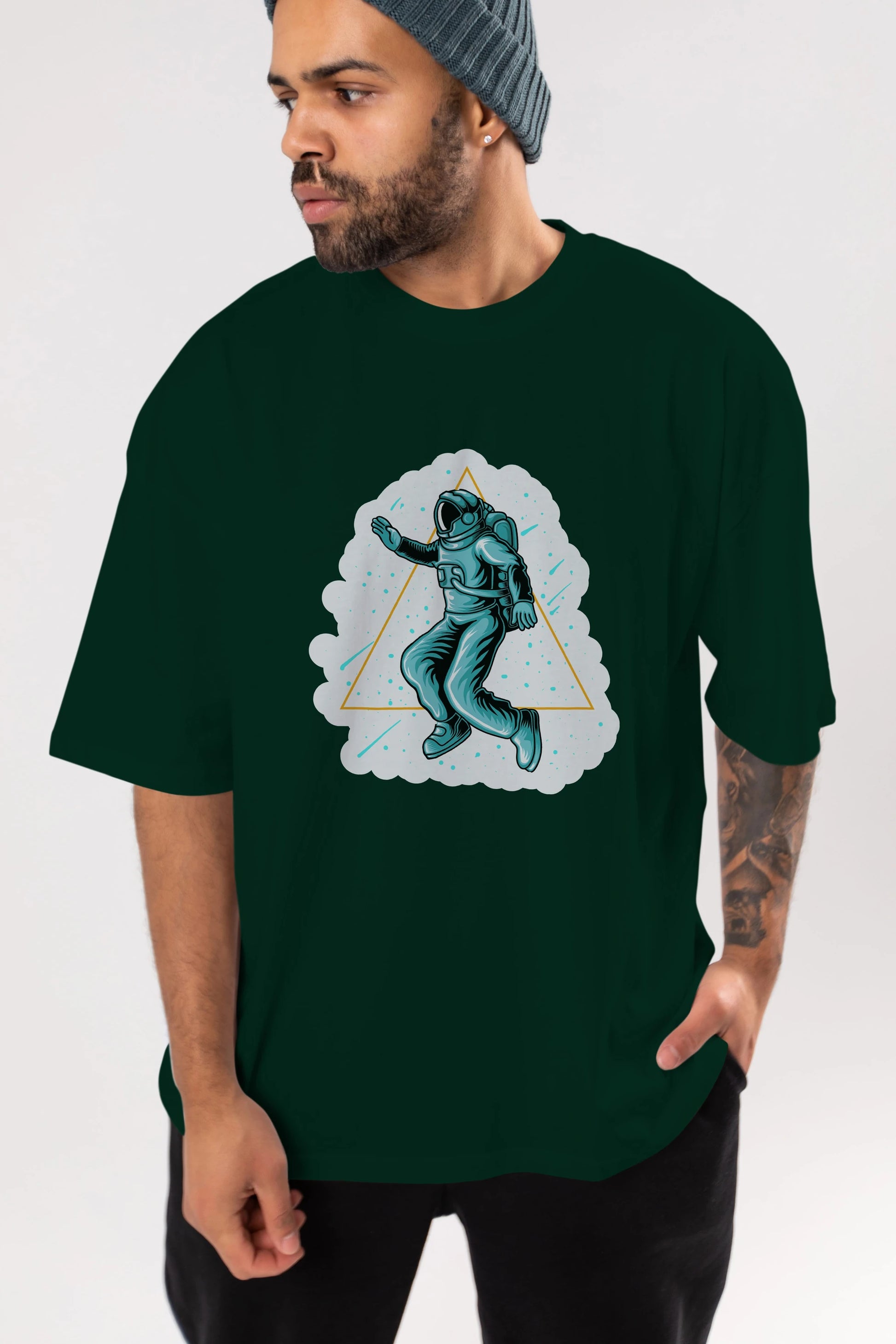 Astronaut Starry Triangle Sticker Ön Baskılı Oversize t-shirt Erkek Kadın Unisex