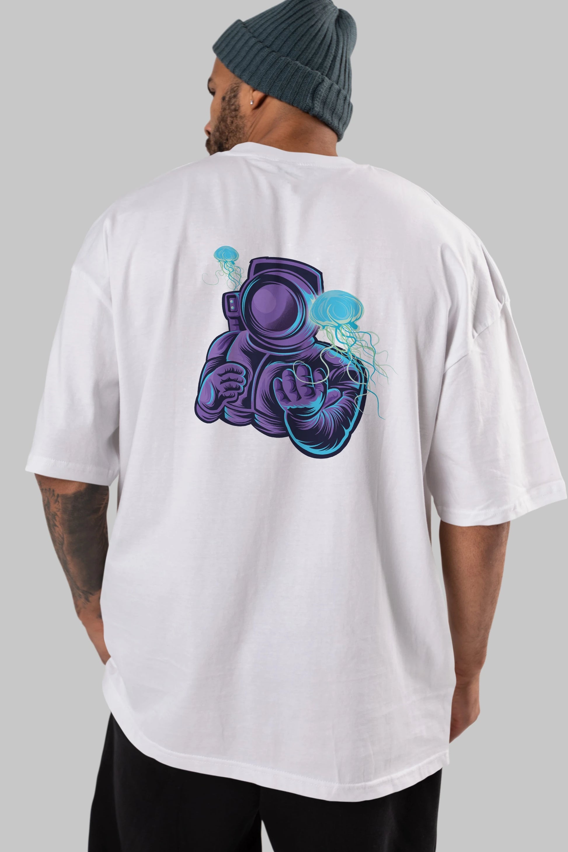 Astronaut and Jellyfish Arka Baskılı Oversize t-shirt Erkek Kadın Unisex