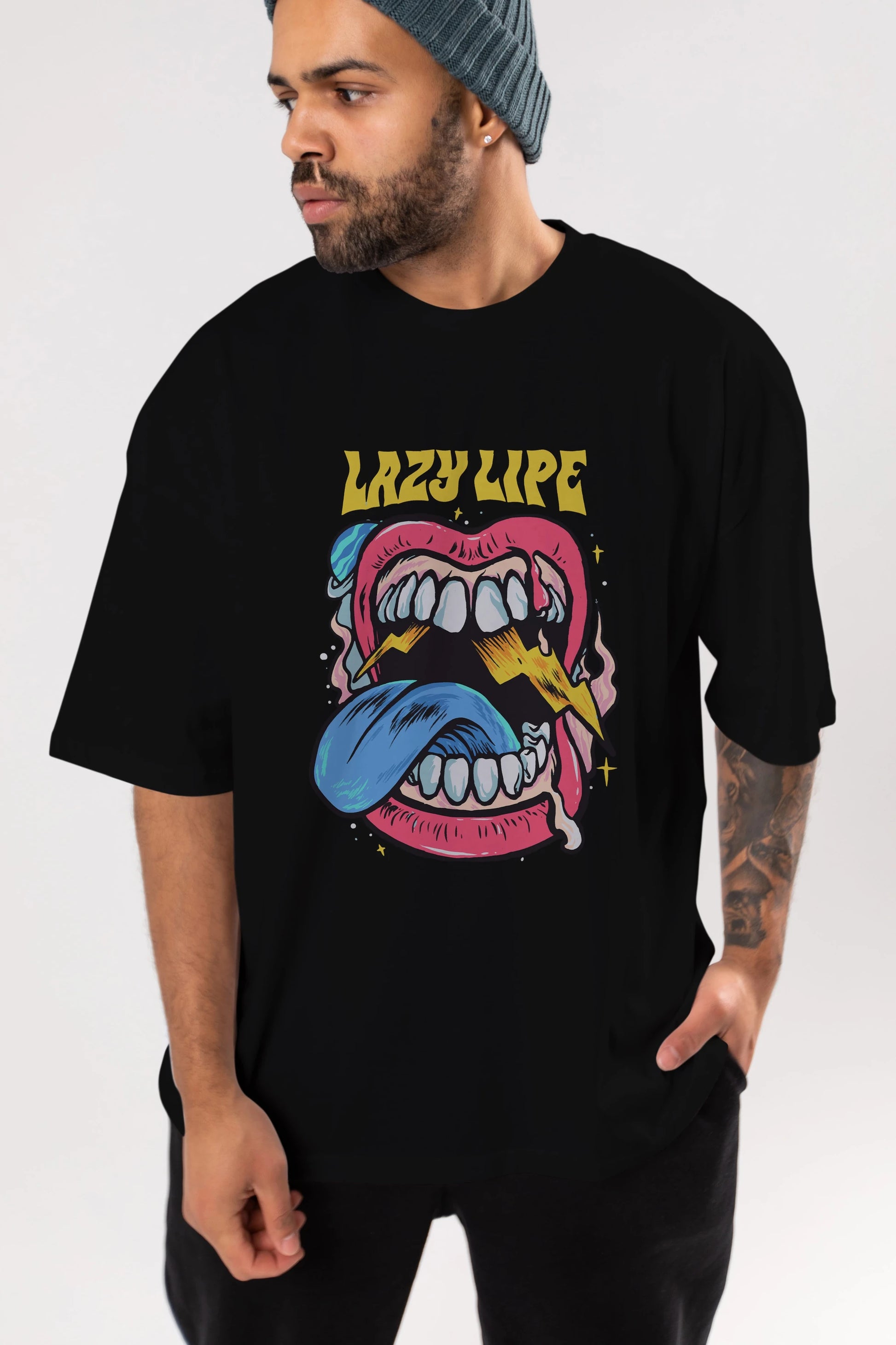 Lazy Lipe Ön Baskılı Oversize t-shirt Erkek Kadın Unisex
