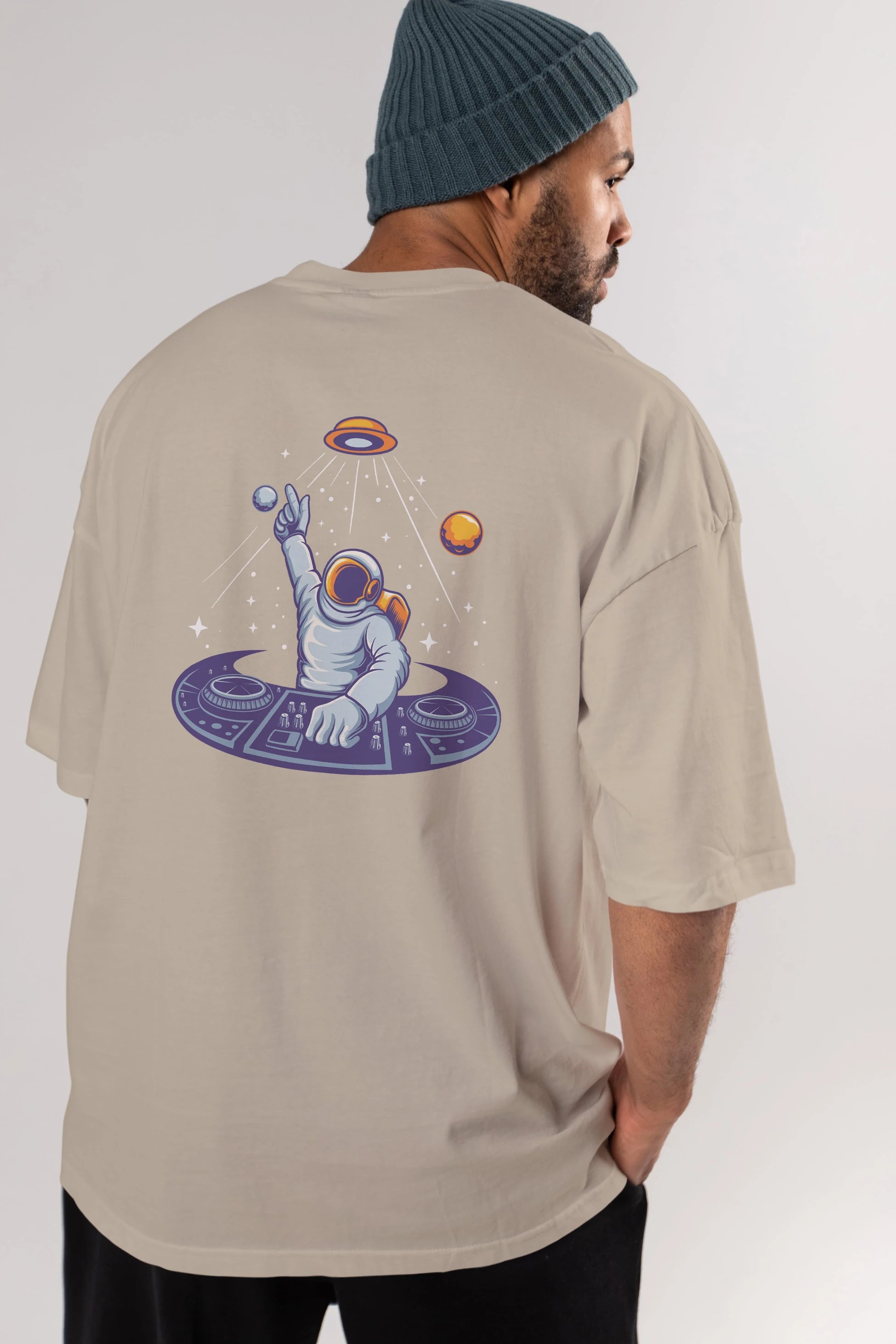 Astronaut Disk Jockey Party Arka Baskılı Oversize t-shirt Erkek Kadın Unisex