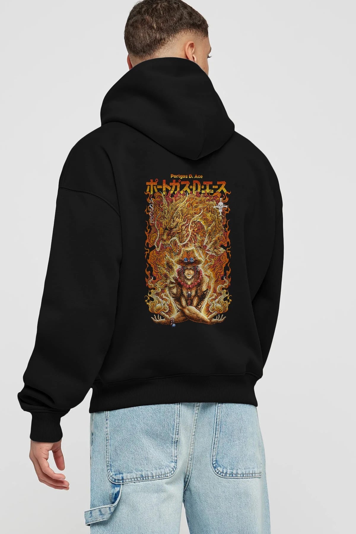 PORTGAS D. ACE Anime Arka Baskılı Hoodie Oversize Kapüşonlu Sweatshirt Erkek Kadın Unisex