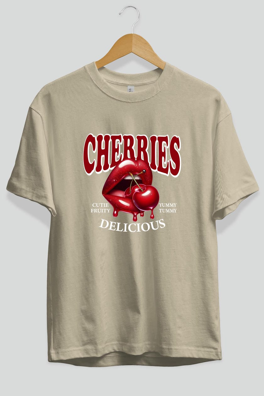 Cherry Cherries 2 Ön Baskılı Oversize t-shirt Erkek Kadın Pamuk Bisiklet Yaka tişort