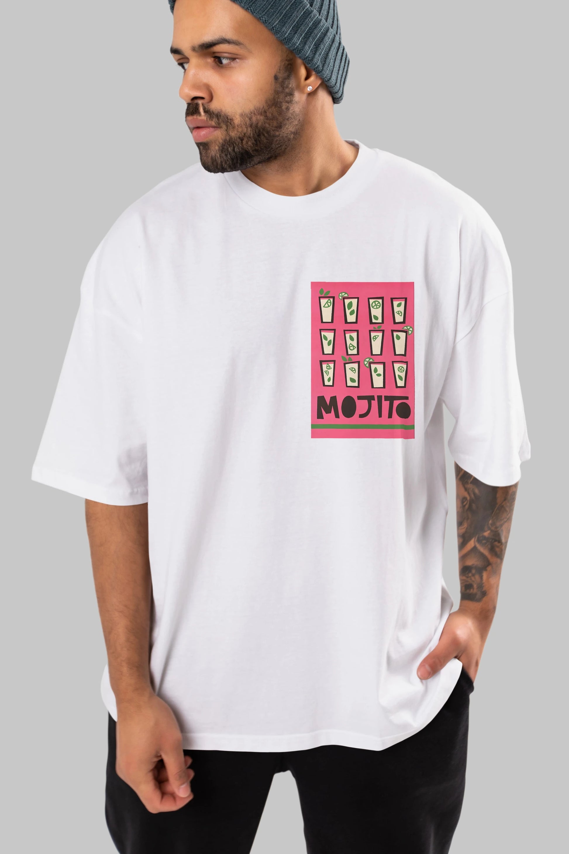 Mojito Ön Sol Baskılı Oversize t-shirt Erkek Kadın Unisex %100 Pamuk Bisiklet Yaka tişort