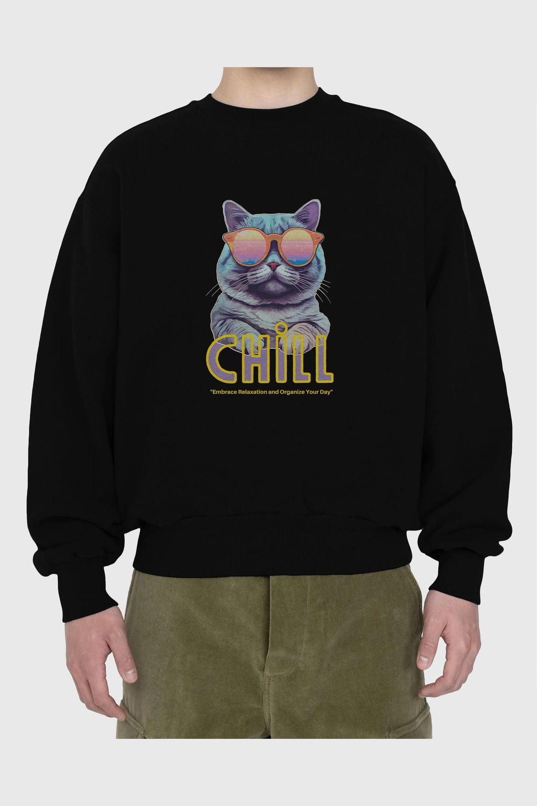 Chill Cat Ön Baskılı Oversize Sweatshirt Erkek Kadın Unisex