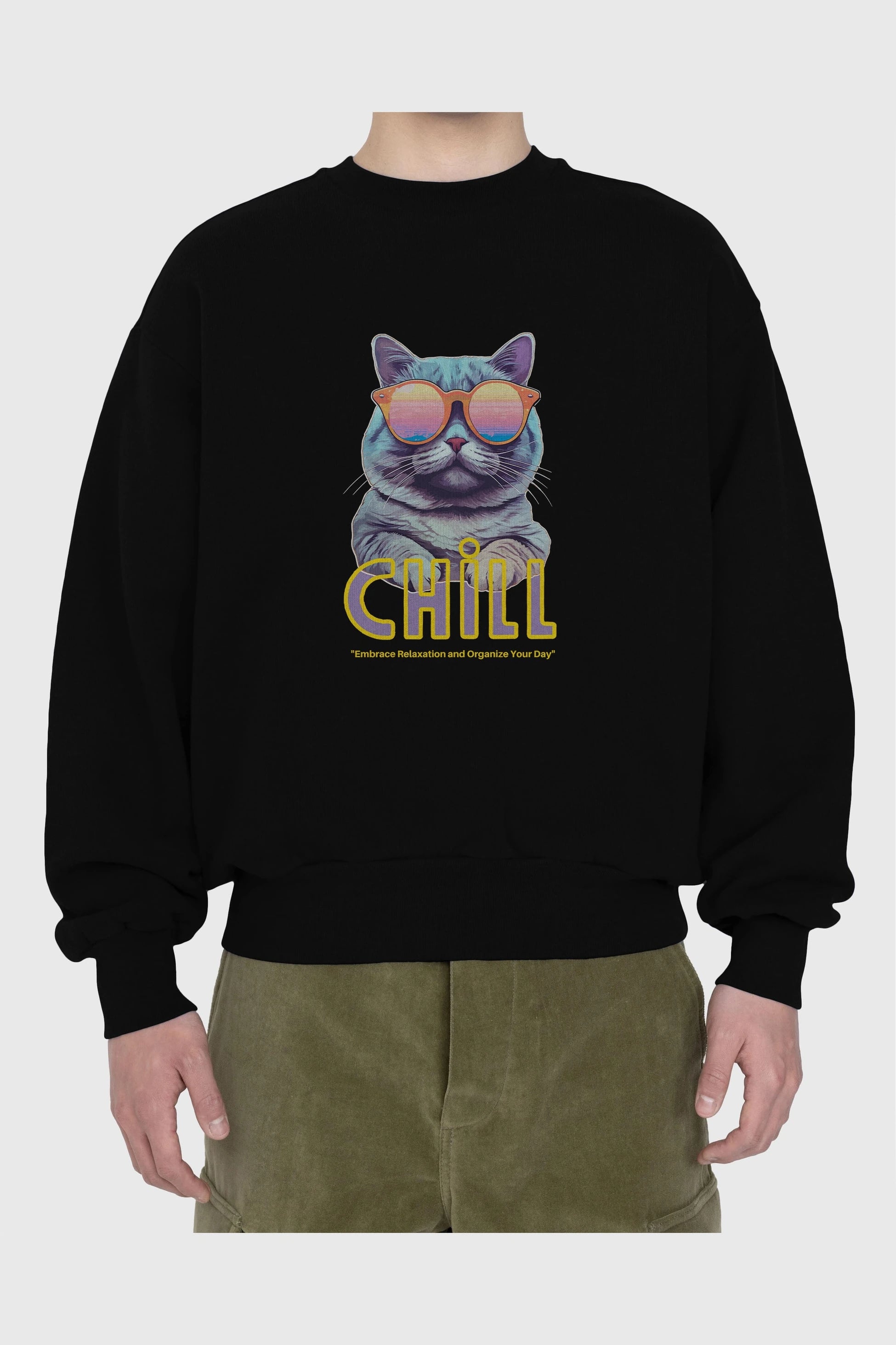 Chill Cat Ön Baskılı Oversize Sweatshirt Erkek Kadın Unisex