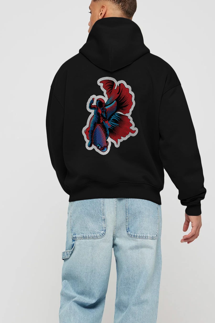 Astrofish selfie sticker Arka Baskılı Hoodie Oversize Kapüşonlu Sweatshirt Erkek Kadın Unisex