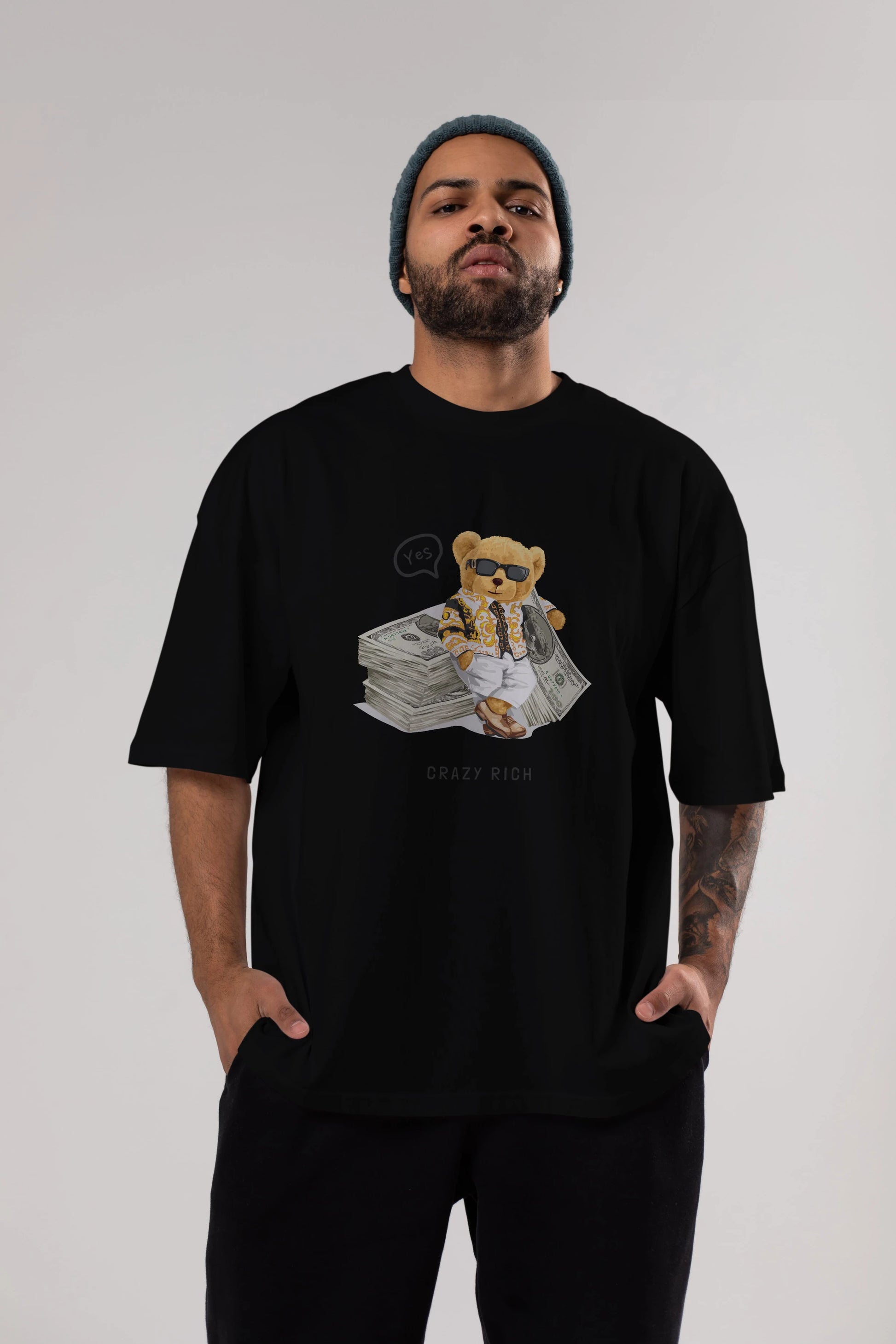 Teddy Bear Crazy Rich Ön Baskılı Oversize t-shirt Erkek Kadın Unisex %100 Pamuk