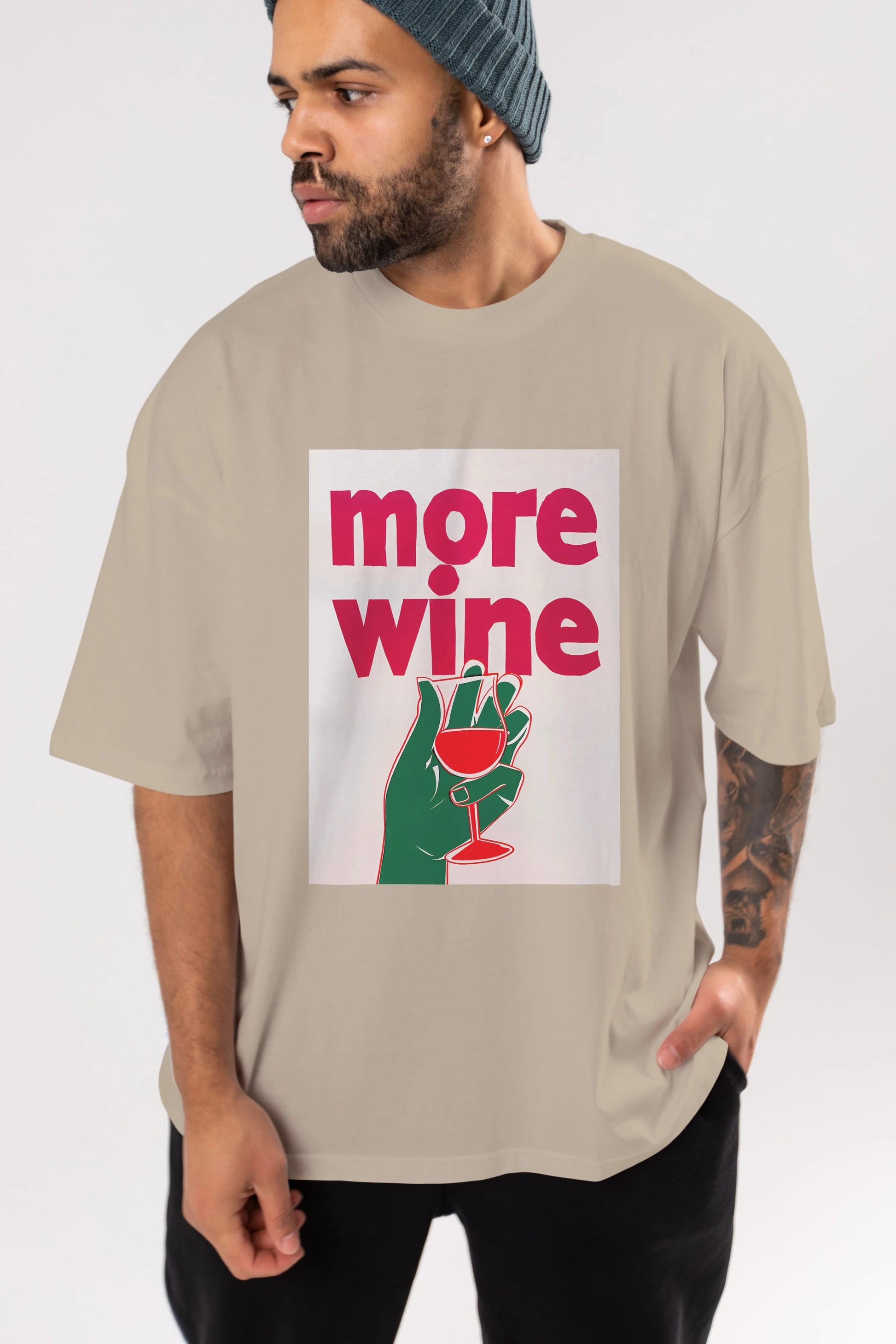 More Wine 3 Ön Baskılı Oversize t-shirt Erkek Kadın Unisex %100 Pamuk Bisiklet Yaka tişort