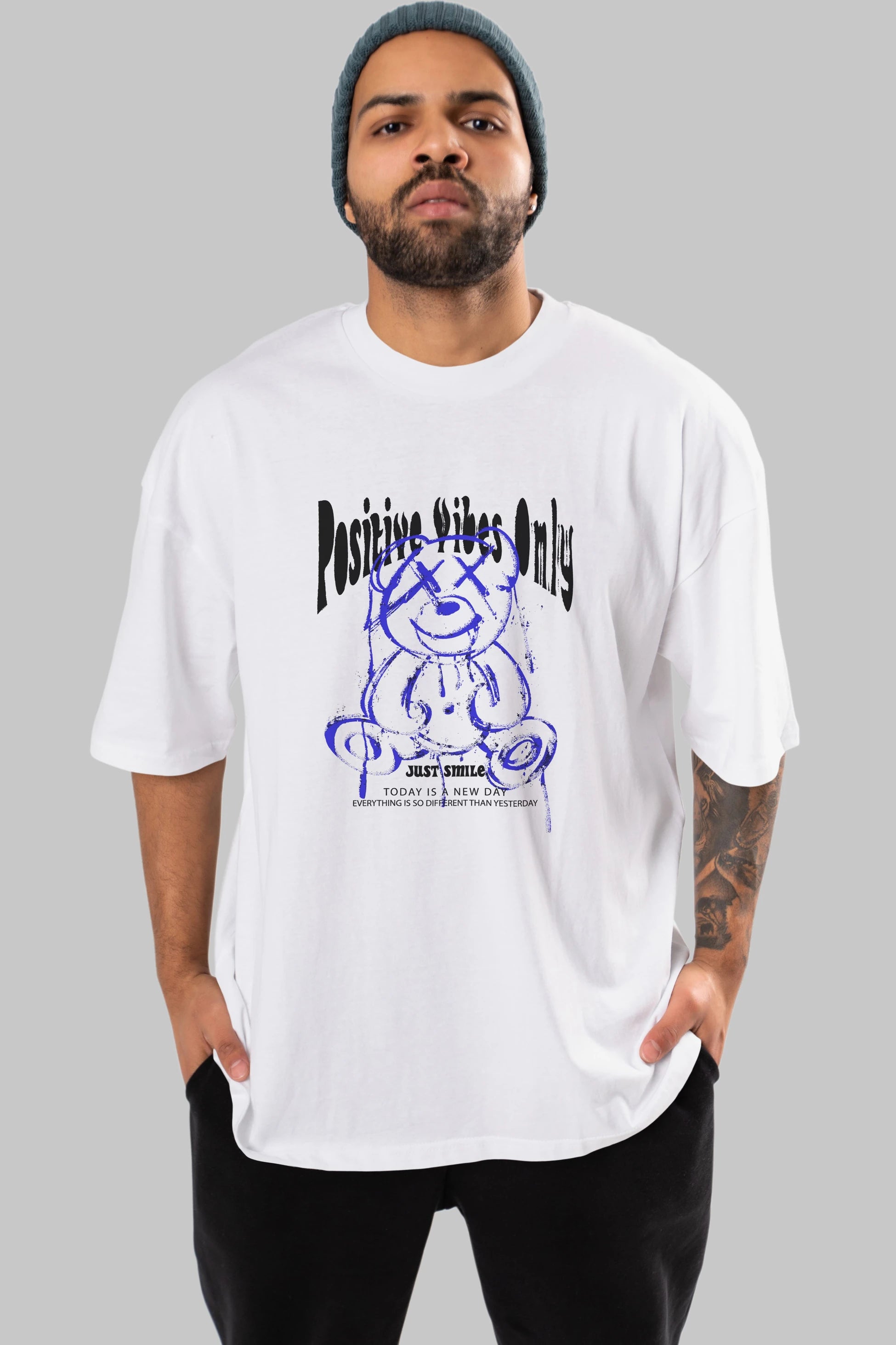 Positive Vibes Only Bear Ön Baskılı Oversize t-shirt Erkek Kadın Unisex