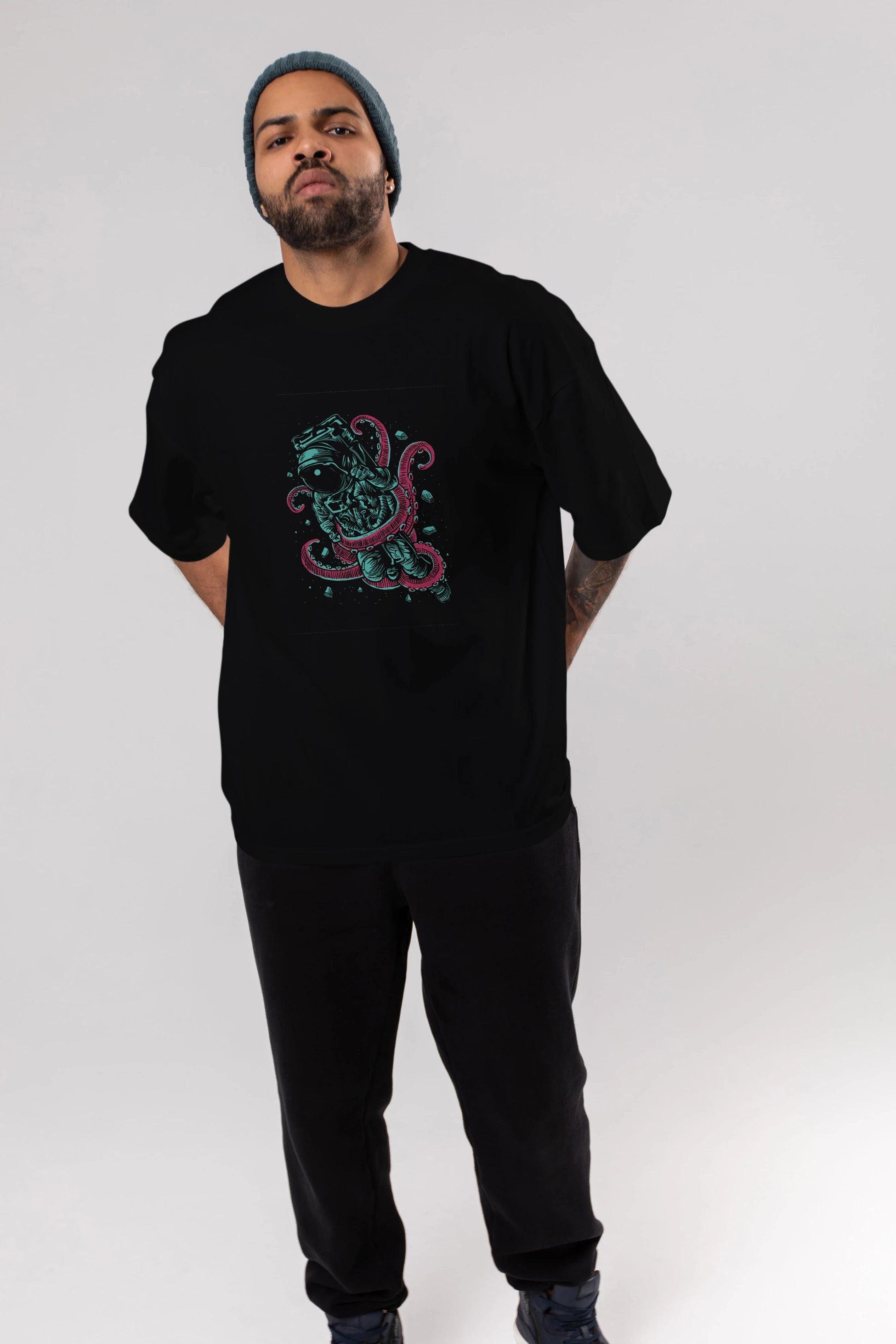 Astronaut Octopus Ön Baskılı Oversize t-shirt Erkek Kadın Unisex %100 Pamuk tişort