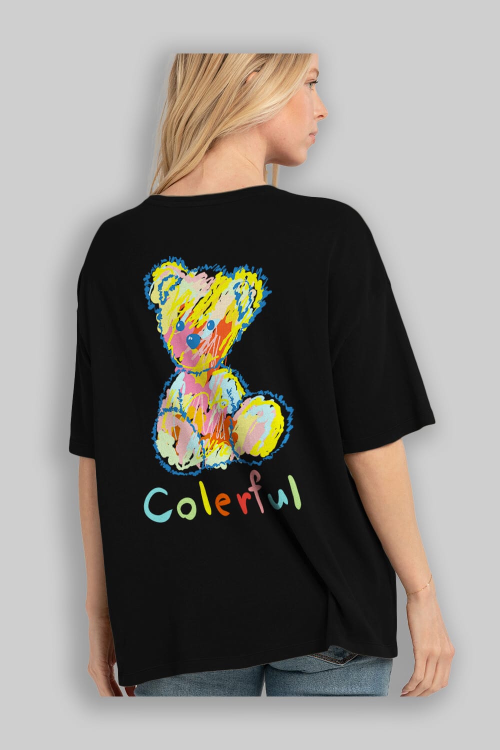 Colerful Bear Arka Baskılı Oversize t-shirt Erkek Kadın Unisex