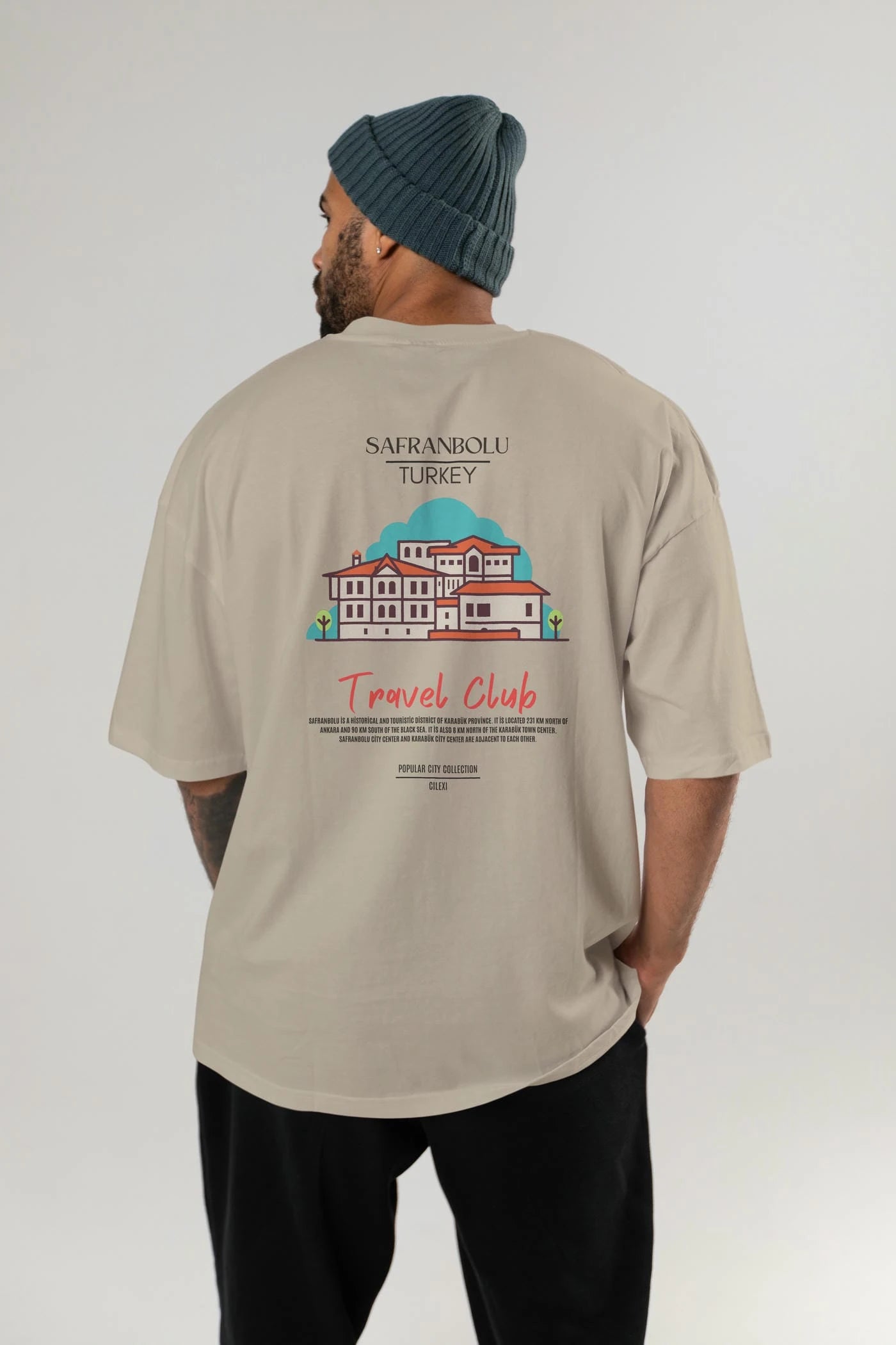 Safranbolu Turkey Arka Baskılı Oversize t-shirt Erkek Kadın Pamuk Bisiklet Yaka tişort