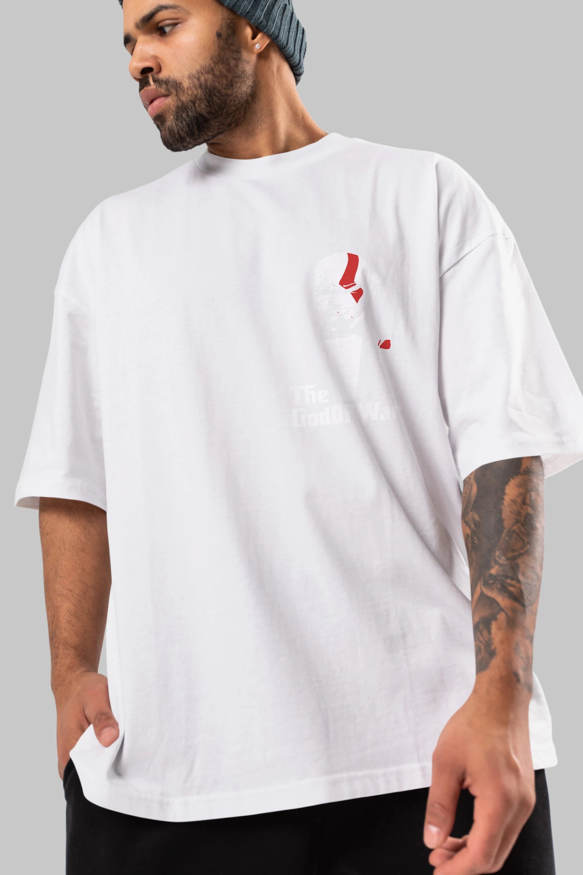 The God of War Ön Sol Baskılı Oversize t-shirt Erkek Kadın Unisex %100 Pamuk Bisiklet Yaka tişort