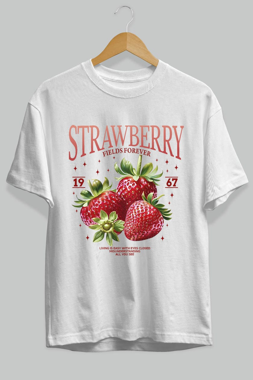 Strawberry Ön Baskılı Oversize t-shirt Erkek Kadın Pamuk Bisiklet Yaka tişort