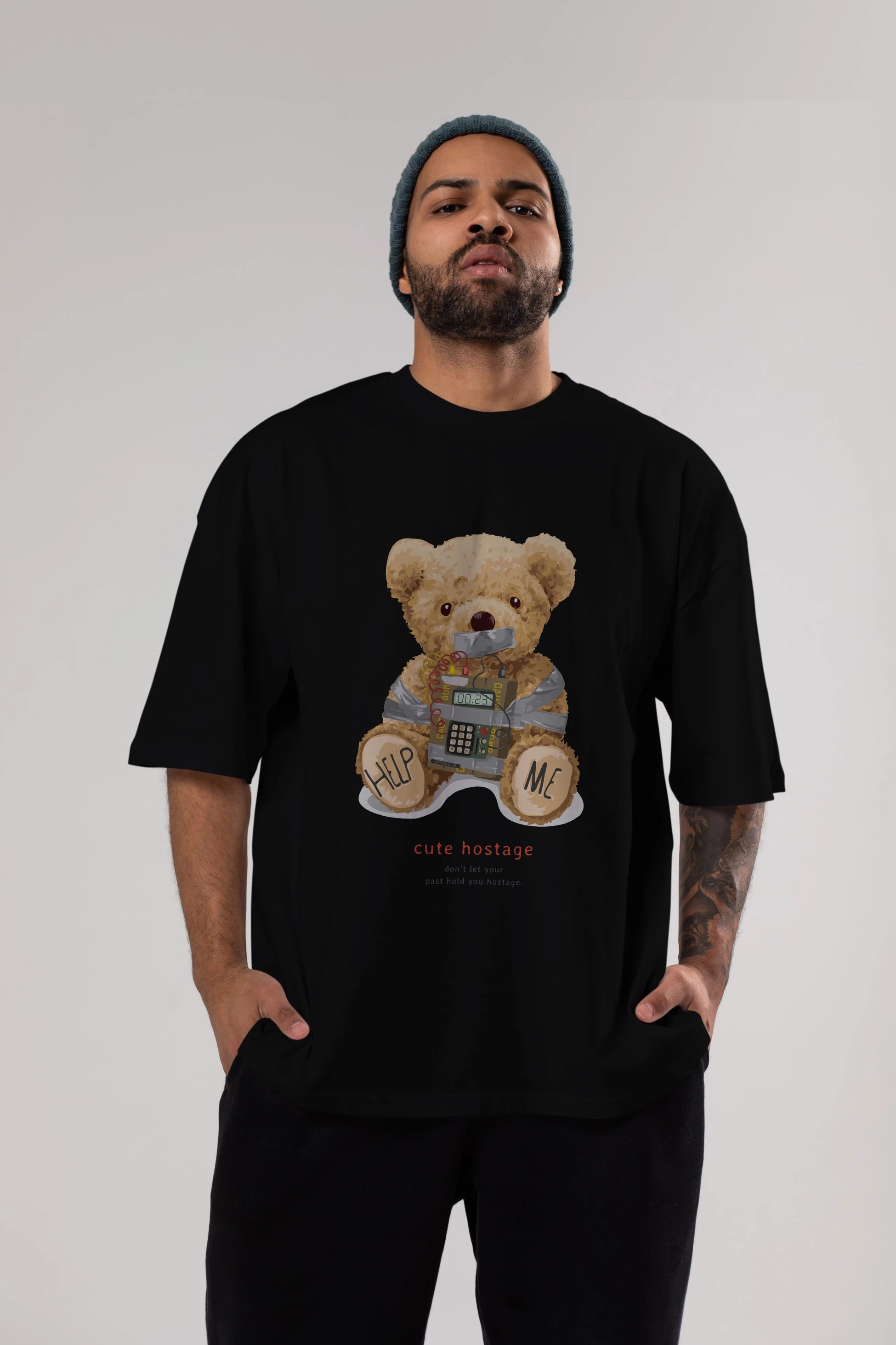 Teddy Bear Help Me Ön Baskılı Oversize t-shirt Erkek Kadın Unisex %100 Pamuk