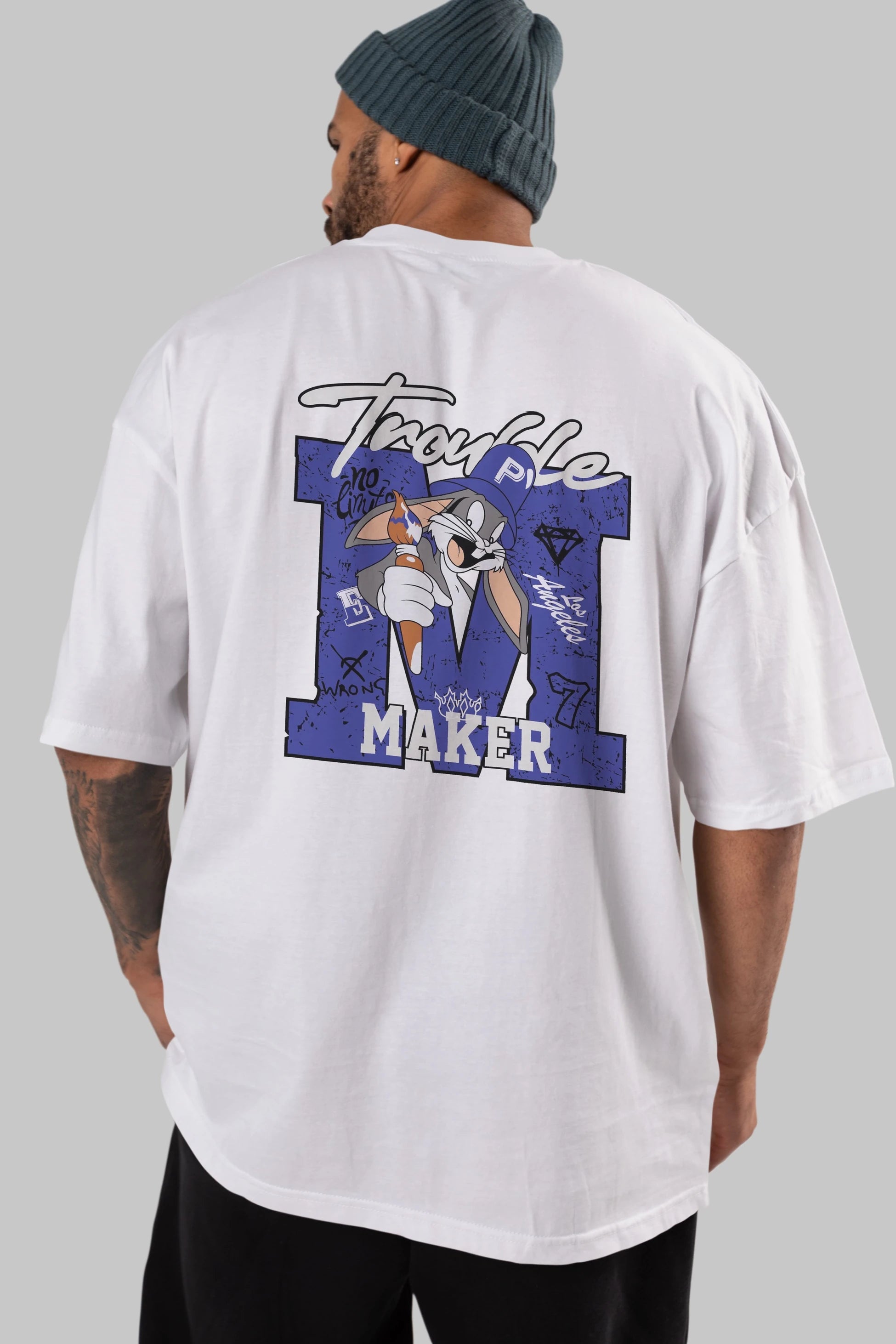 Bugs Bunny Arka Baskılı Oversize t-shirt Erkek Kadın Unisex %100 Pamuk Bisiklet Yaka tişort